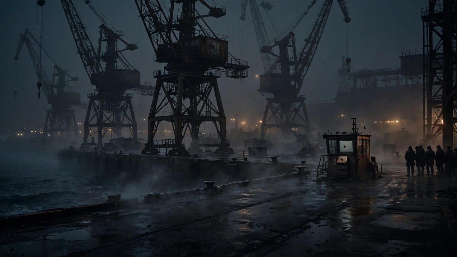 A wide foggy harbor of cranes and a booth whose screen shows only a cursor.