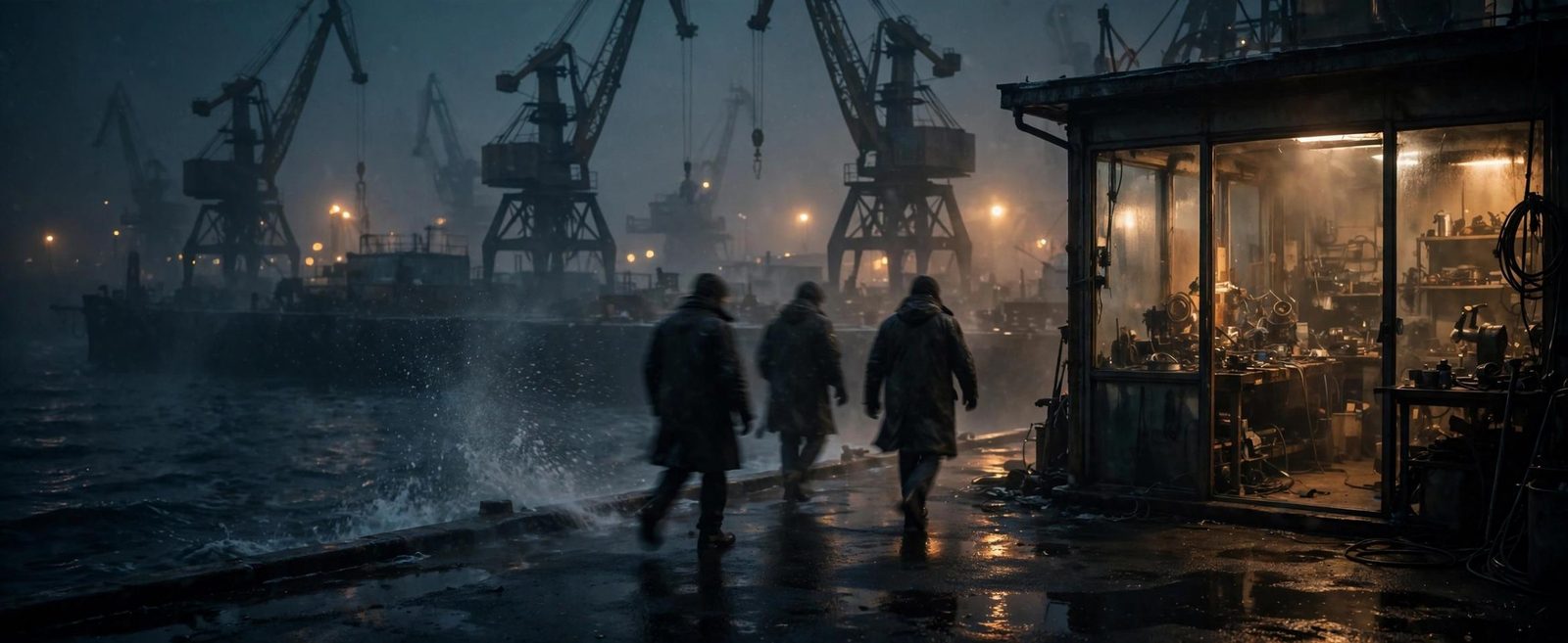 Three coats walking past a lit workshop shack on a rainy quay.
