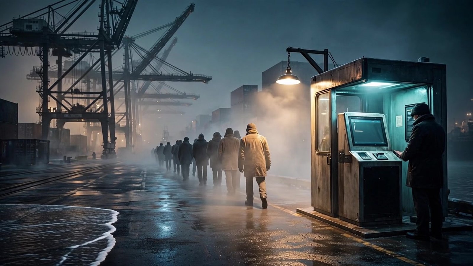 The harbor at night, one lantern left, the boat already out in the fog.