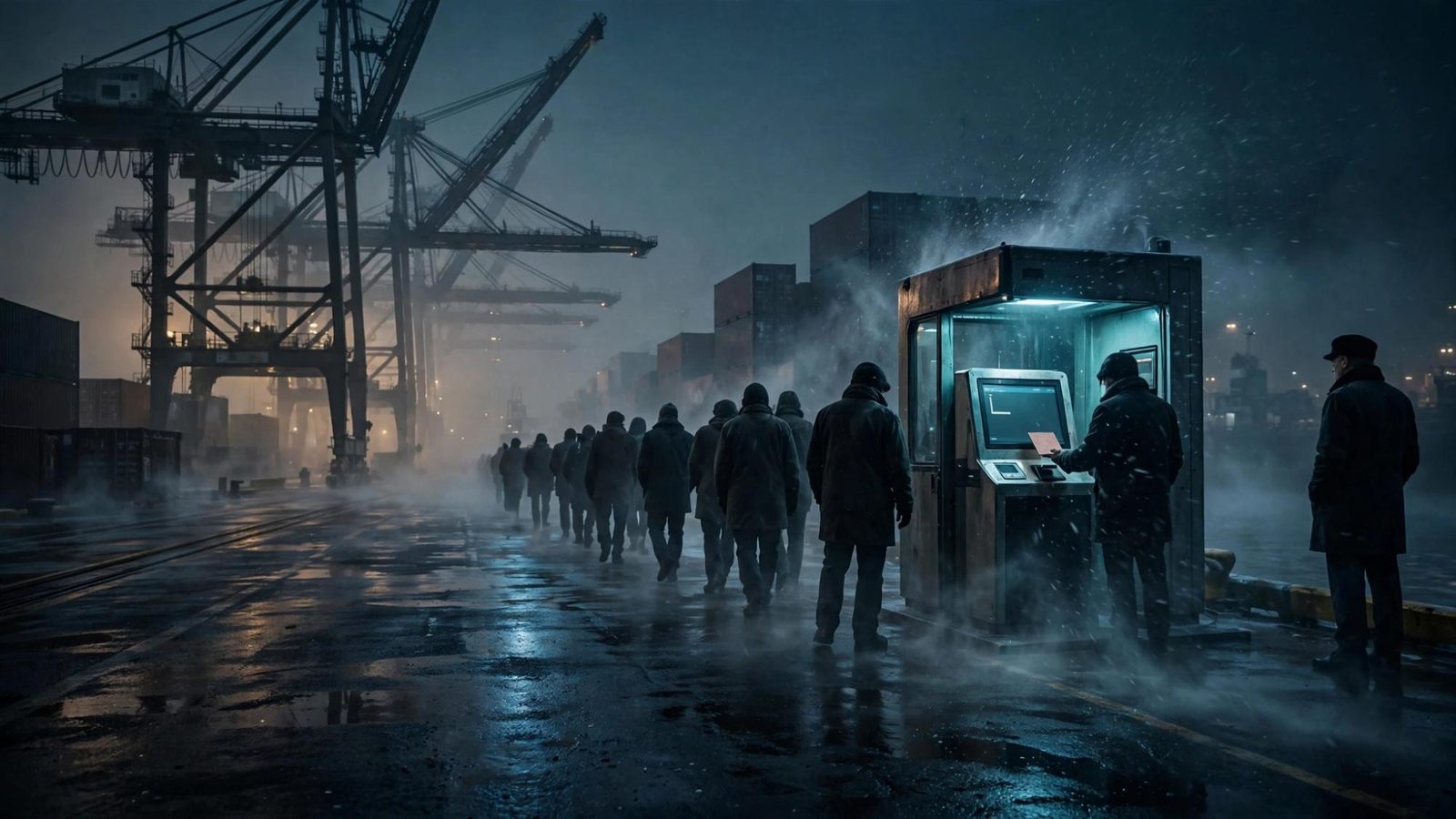 A line of coated figures at a glowing booth on a foggy crane dock.