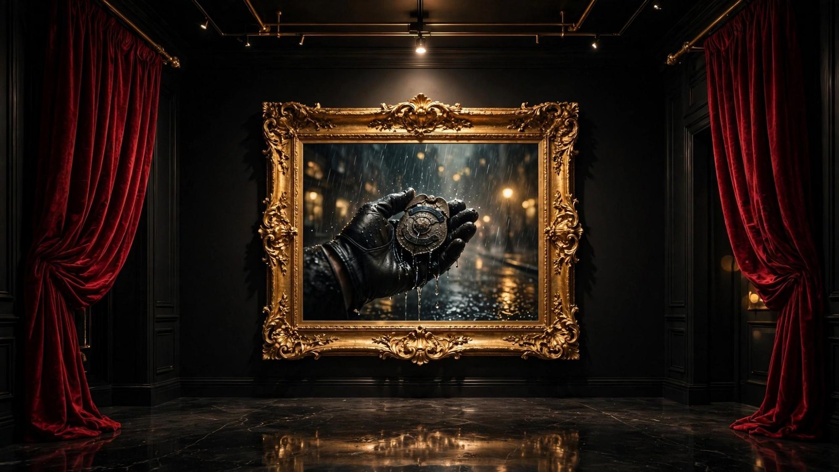 A gold frame holding a wet black glove and a badge the rain has not finished erasing