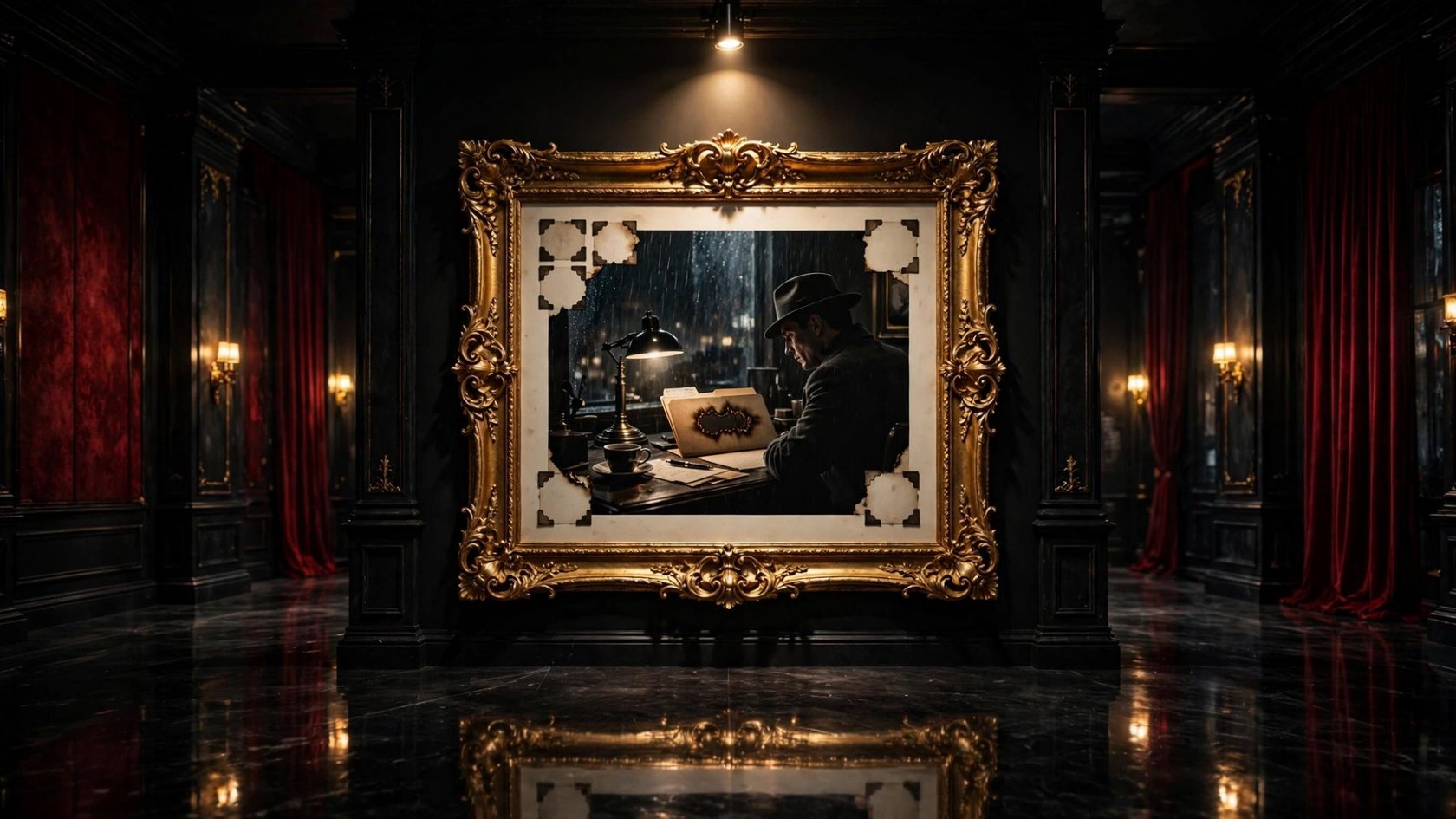 A gold frame with empty photo mounts and a man in a hat working a nameless file