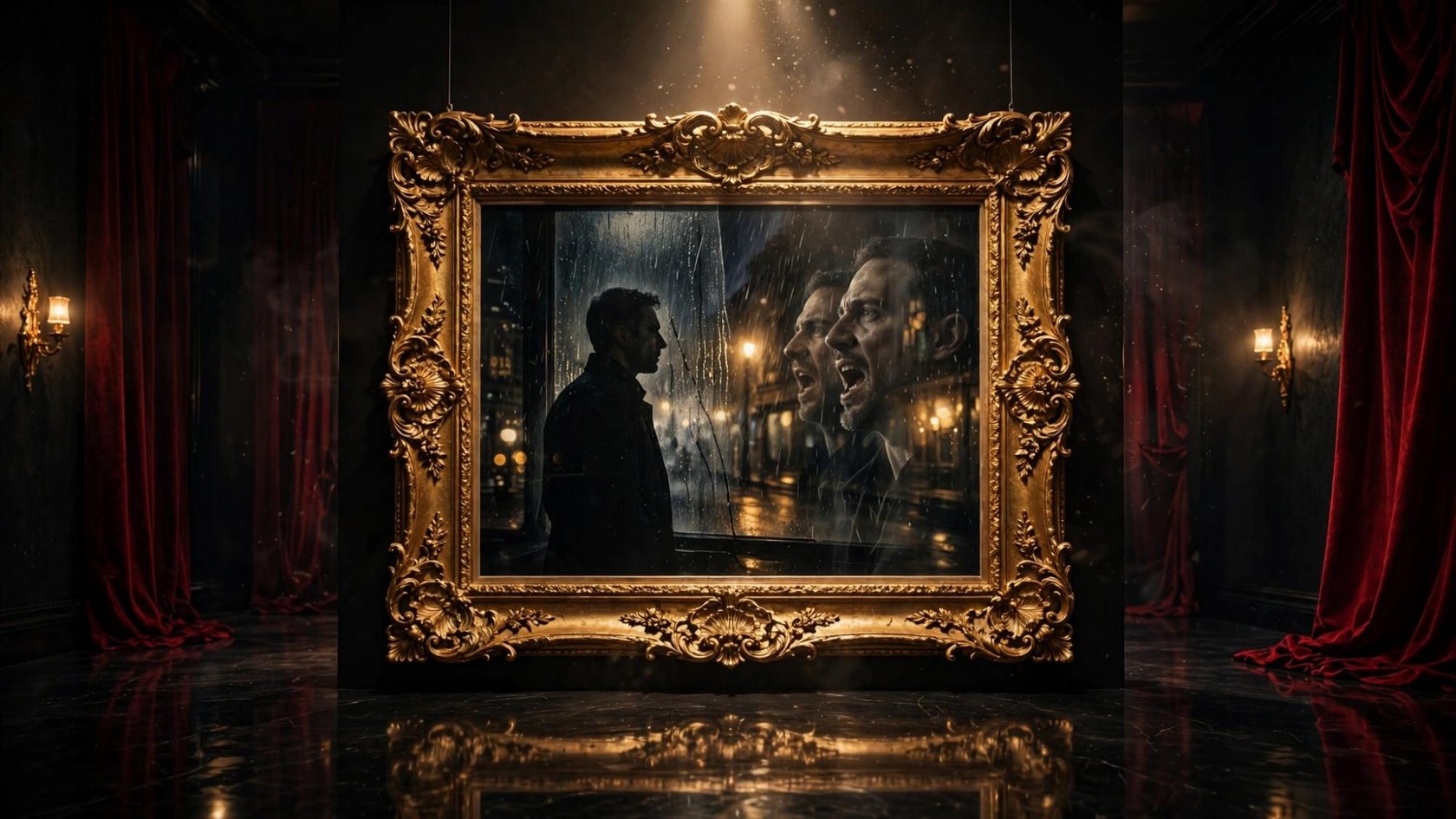 A gold frame holding a man at a rainy window and two faces still speaking in the glass
