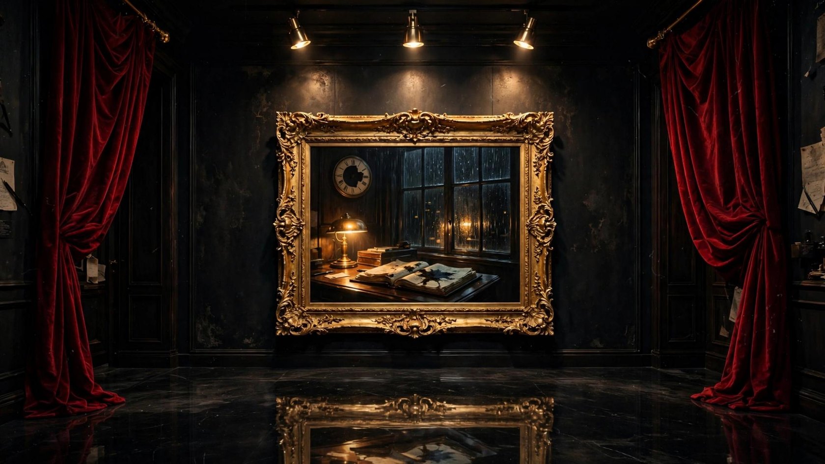 A gold frame holding a rainlit desk and a clock with a piece of its face gone