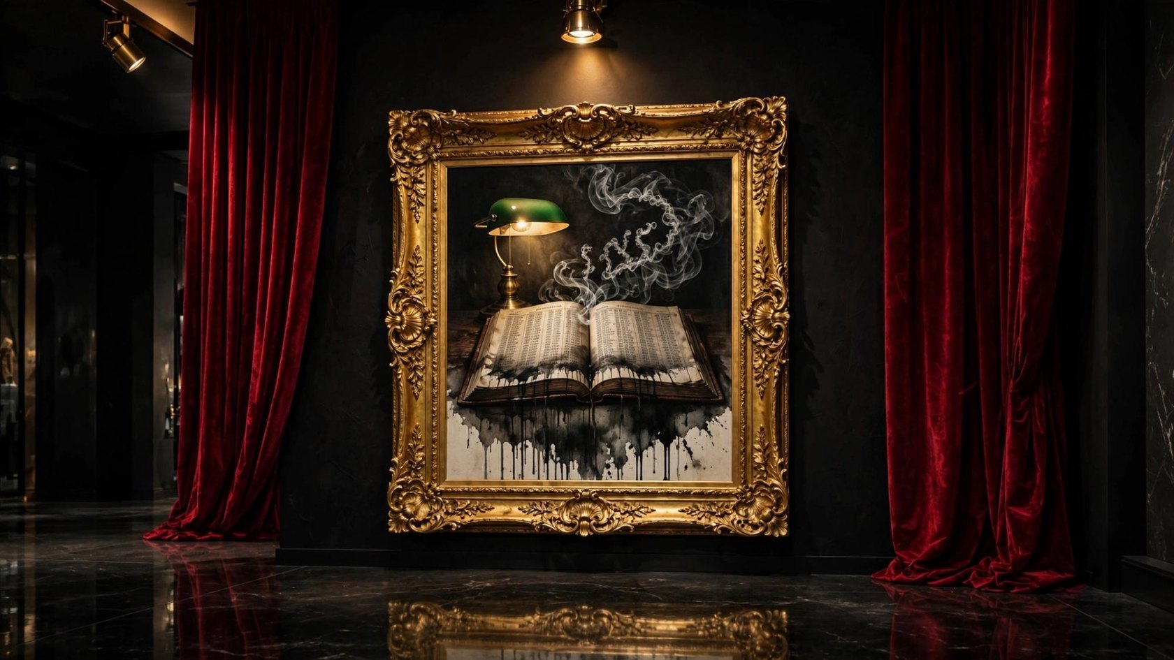 A gold frame holding a green lamp, an open ledger, and smoke in a spiral