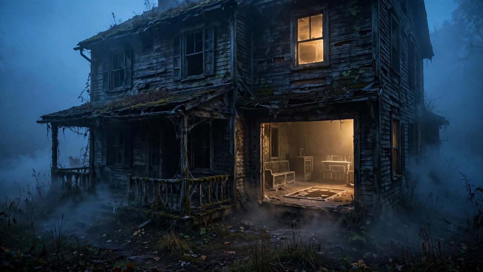 A house in the fog. One window lit. The rest has not agreed.