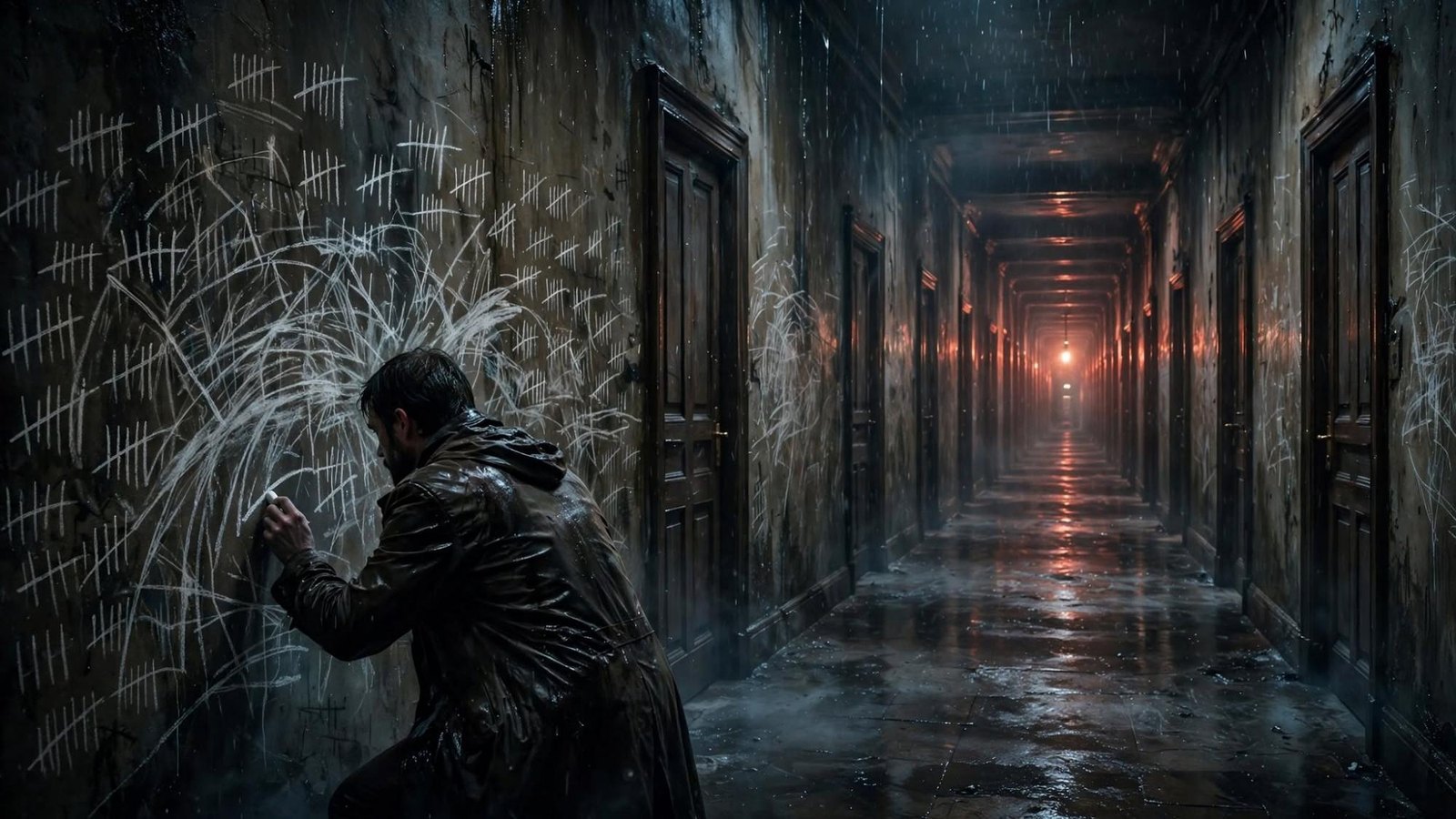 Tally marks down a wet corridor. They have multiplied. The corridor has not.