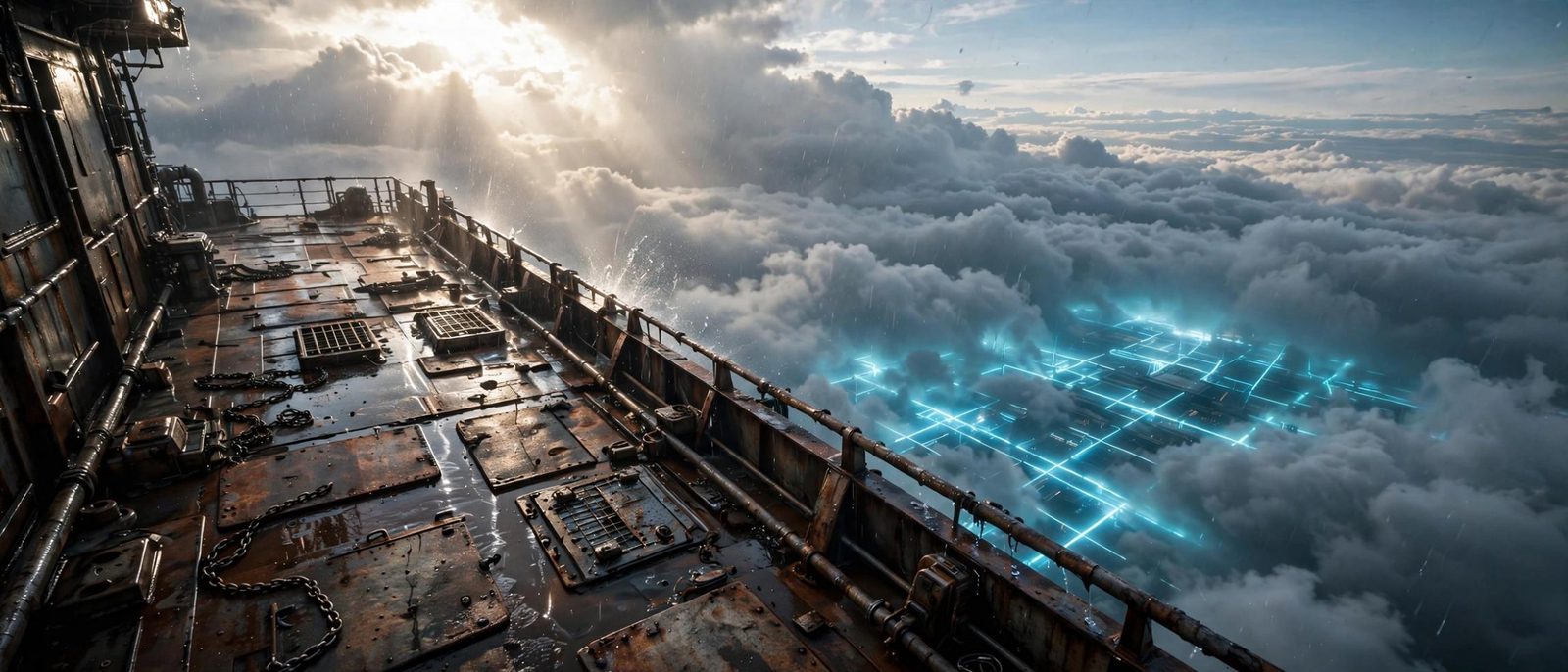 A wet deck ruled with cyan lines, open to cloud on every side.