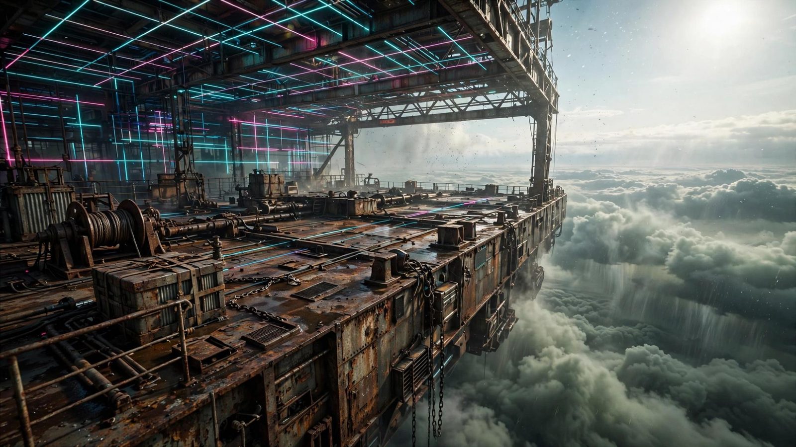 An empty industrial platform above the cloud, grids glowing in the bays.
