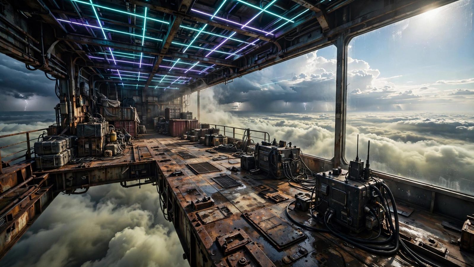 The inside of a hangar above the rain, the same grid continuing under a roof.