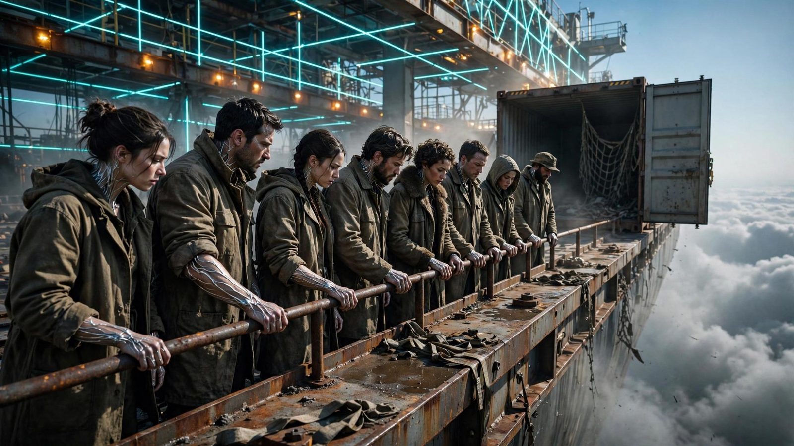 A line of coated handlers at the rail of a freight deck above the clouds.