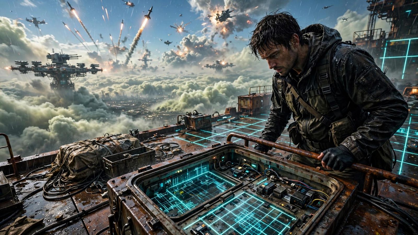 A man working a lit hatch in the floor of a platform over open sky.