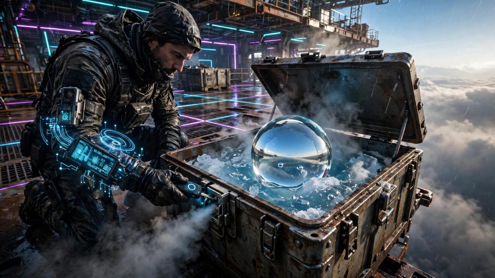 A man opening a crate of ice on a high deck, a glass sphere packed inside.