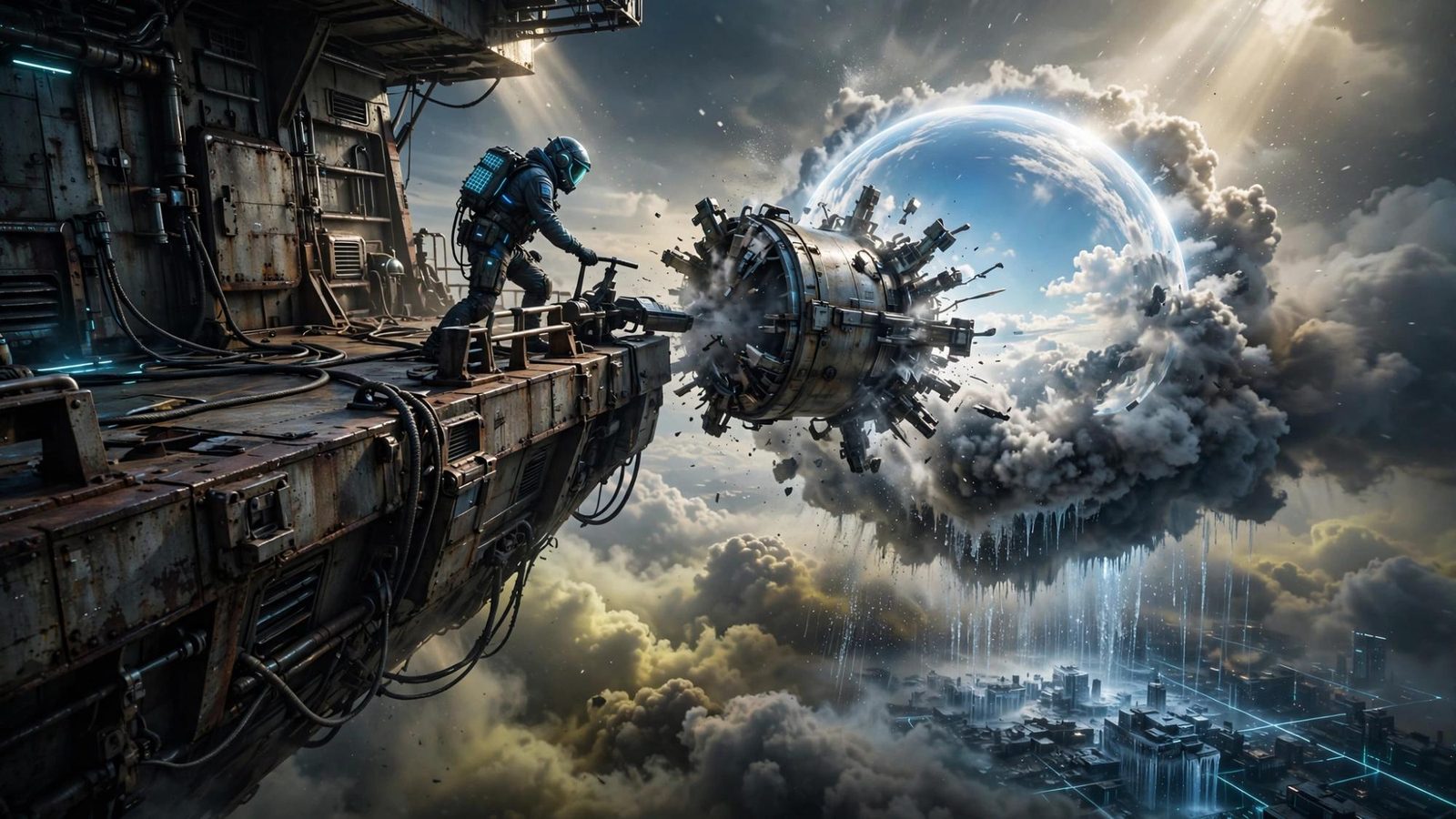 A figure on a platform as a glass sphere breaks apart above the cloud.