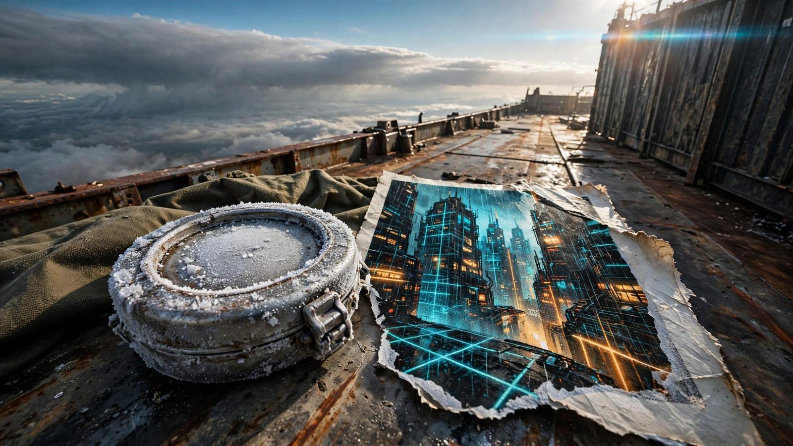 A sealed metal tin beside a torn print of a city, laid on the glowing deck.
