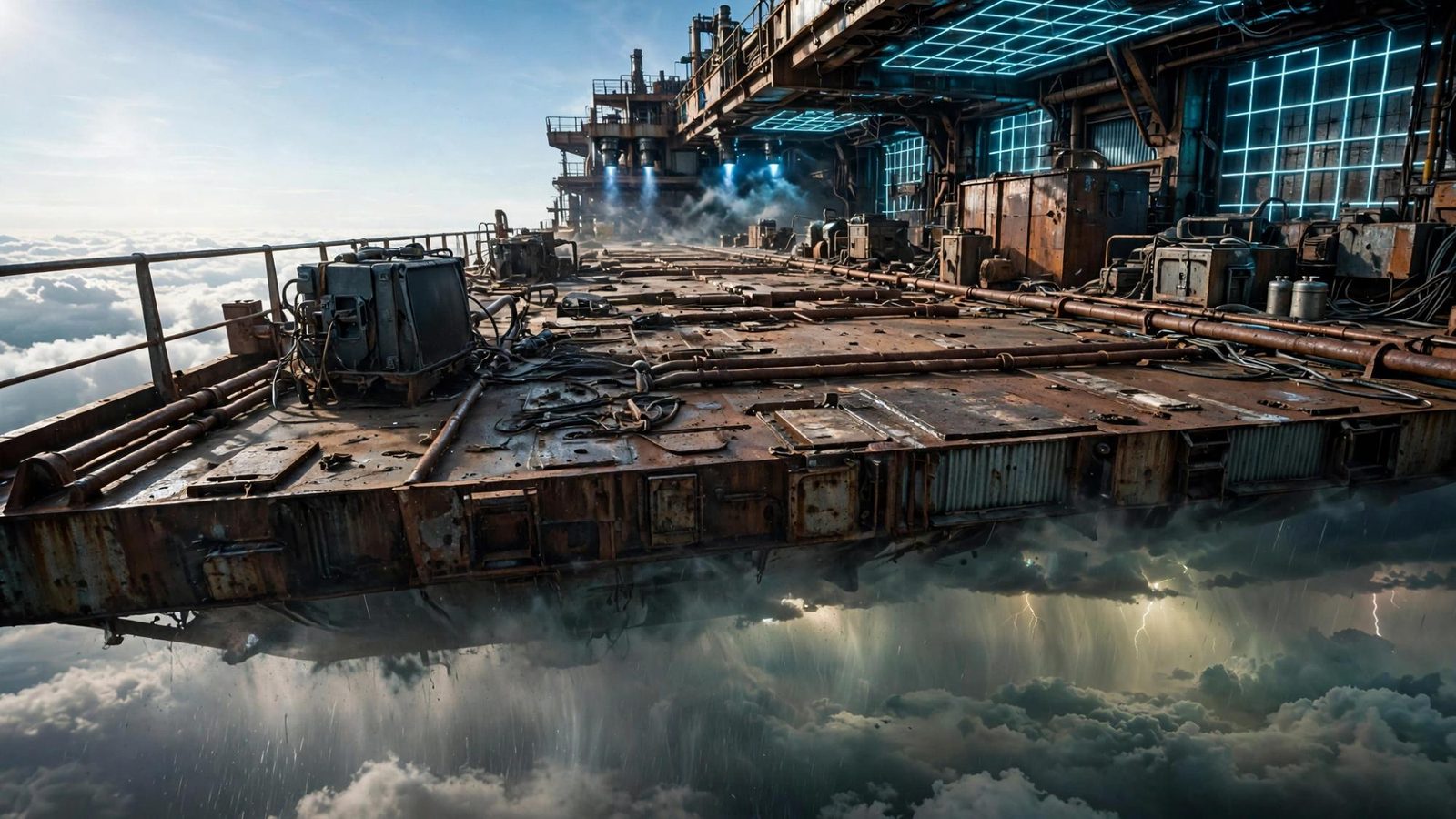 A rusted freight deck suspended over storm cloud, cyan grids burning in the hangar.
