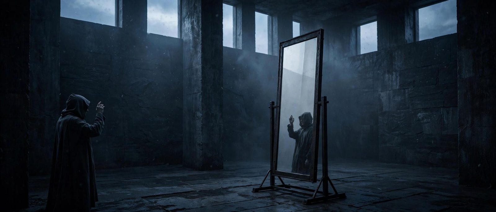 A tall mirror on an iron stand. A figure raises a hand. The glass is clean.