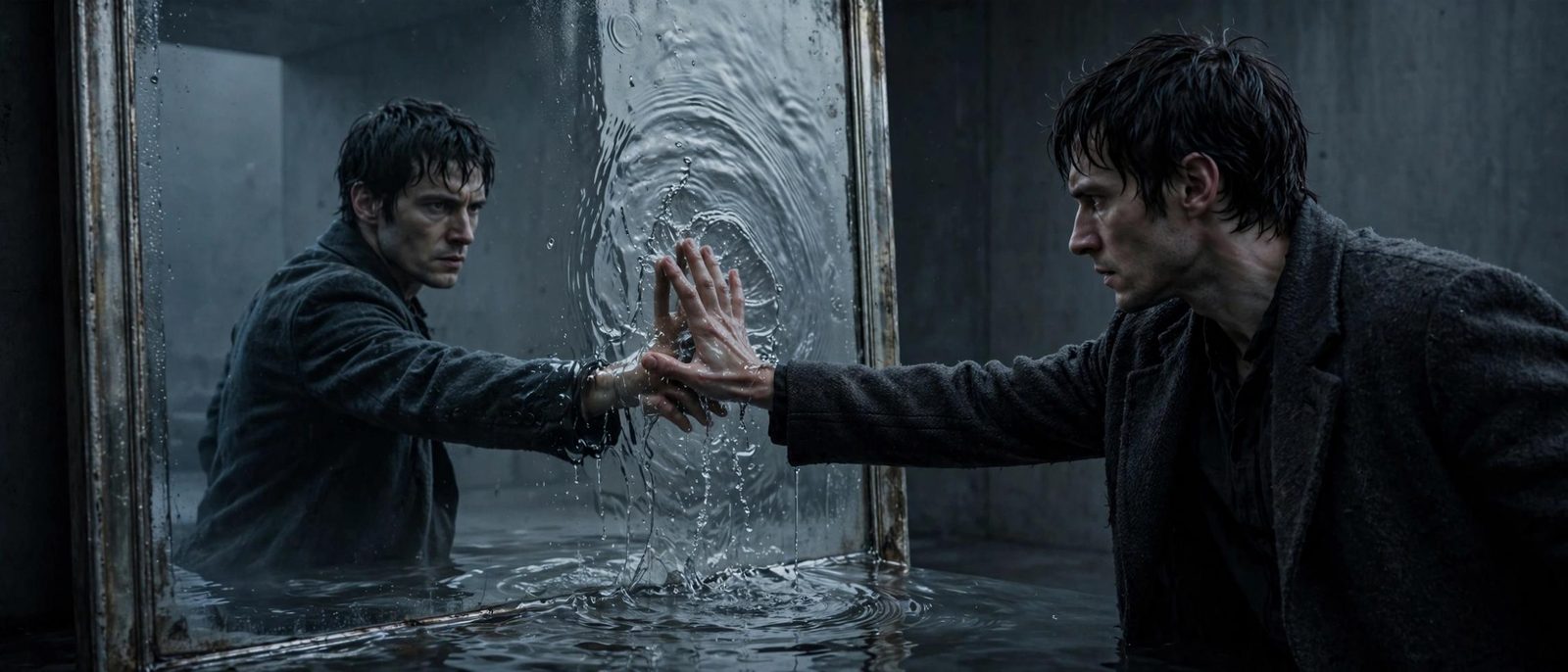 Hands pressed to a mirror of water, the reflection breaking into rings.