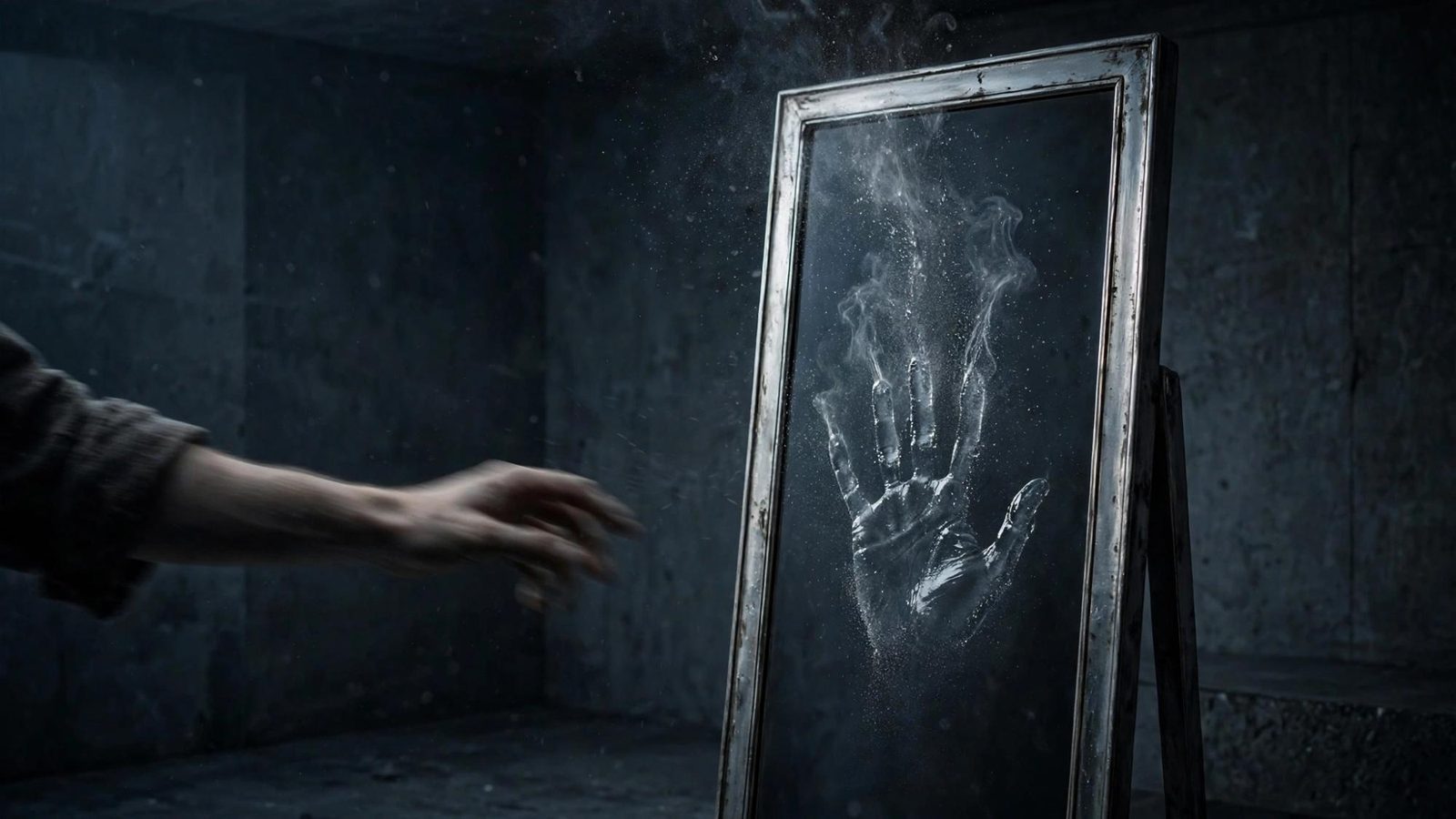 A steaming handprint on dark glass, the hand still reaching.