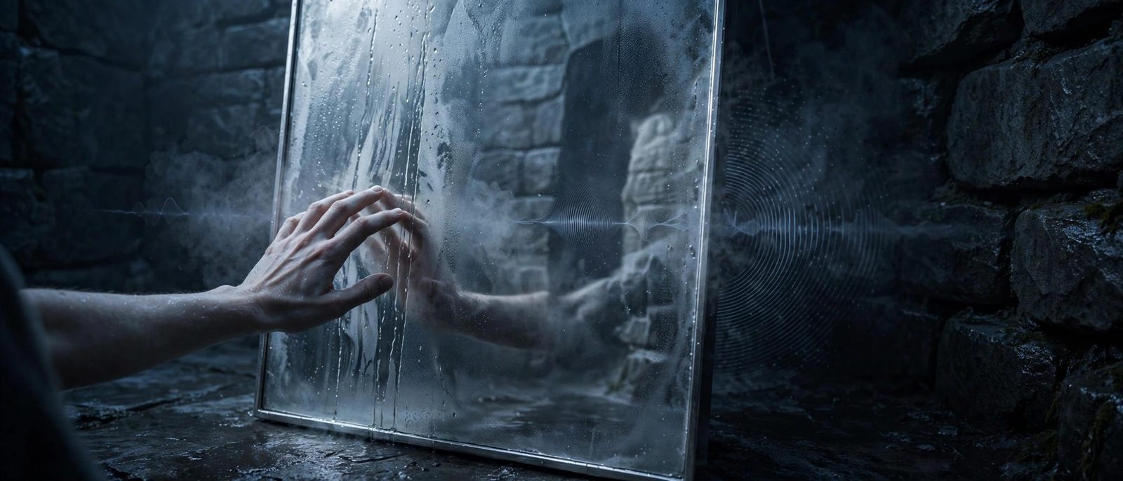 Fingers on a condensation-covered mirror, the wall behind it stone.