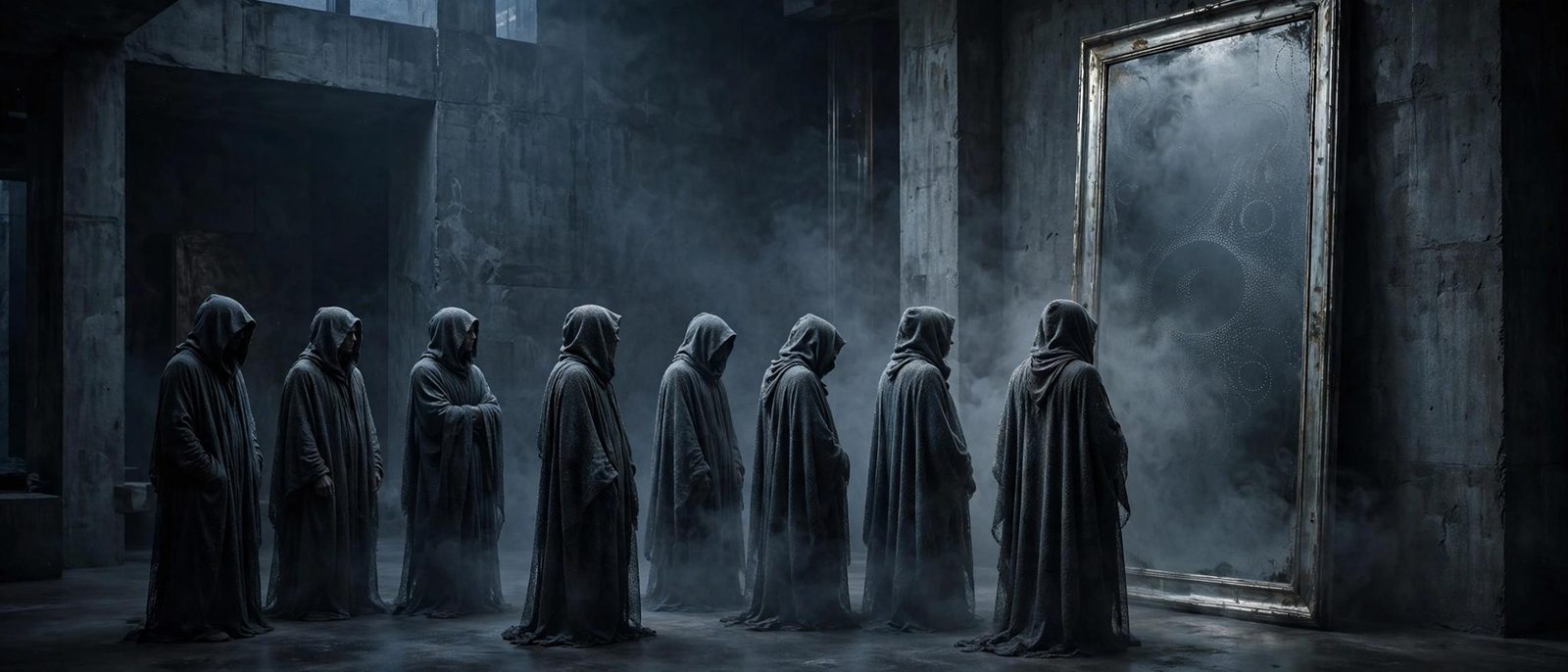 A line of hooded figures standing before one large mirror.