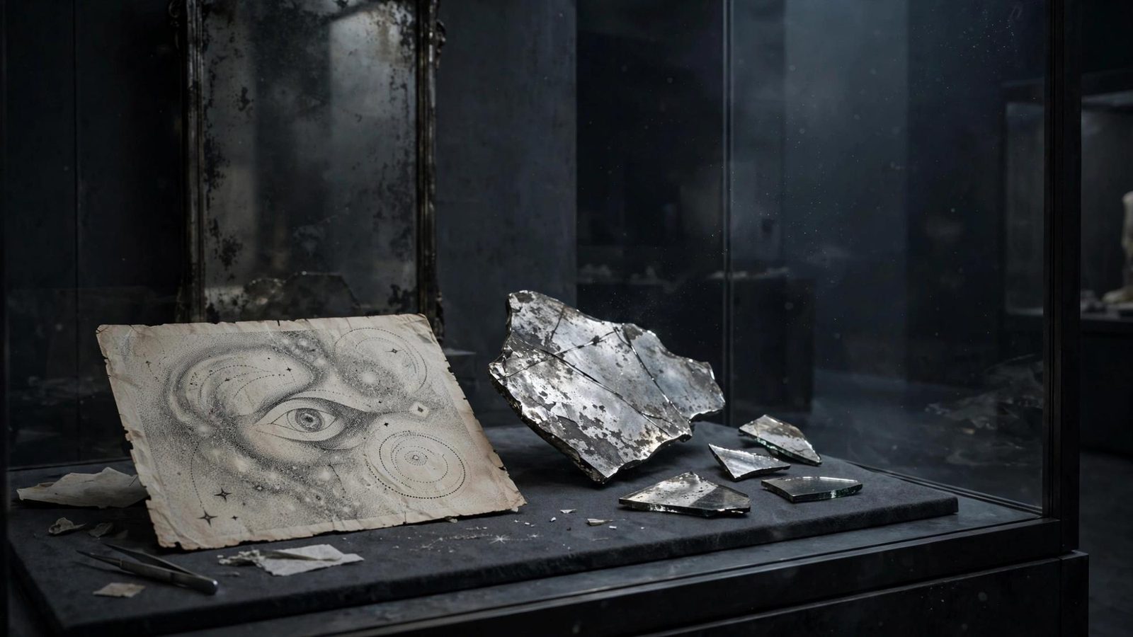 A shattered mirror and a drawing of an eye, kept in a case.