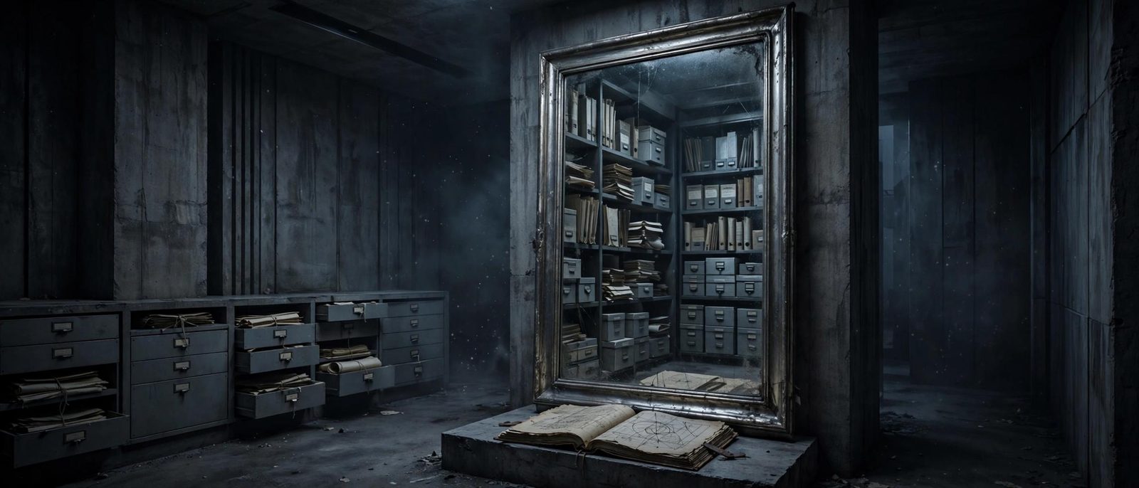 A mirror in a derelict file room, the glass opening onto an endless archive.