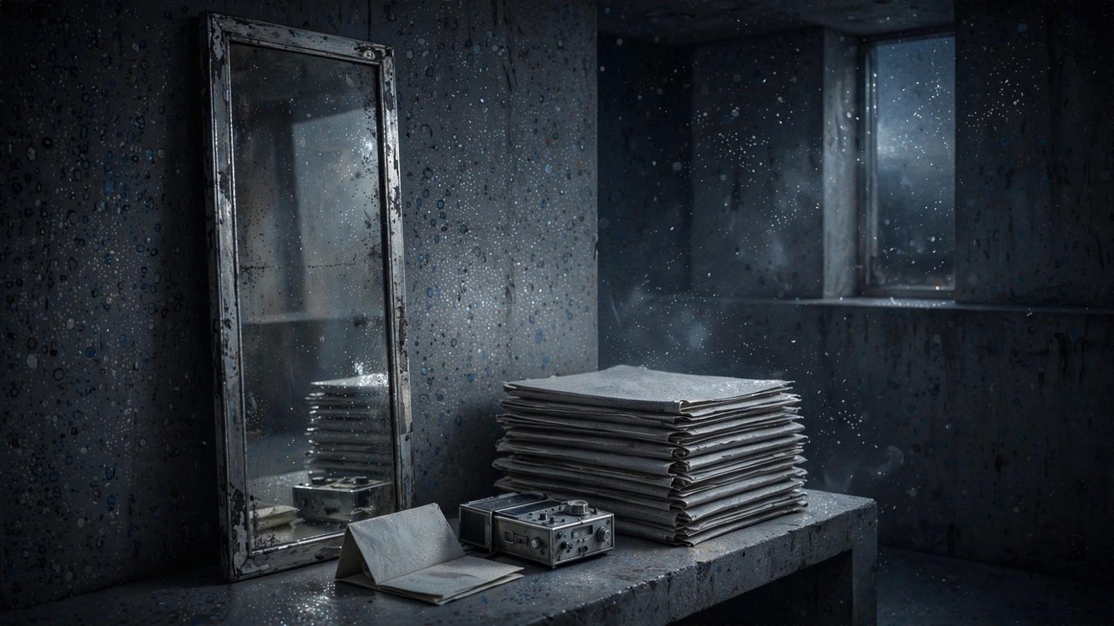 A standing mirror beside stacked papers and a radio, snow in the glass.