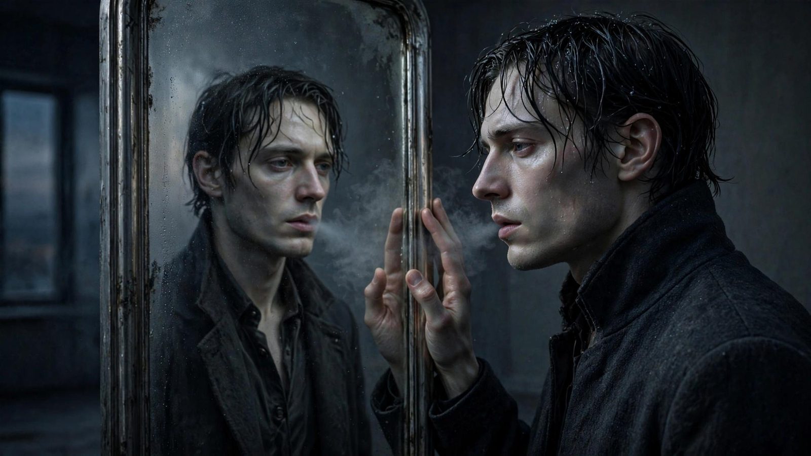 A man and his reflection in a tarnished mirror, the two faces already out of agreement.
