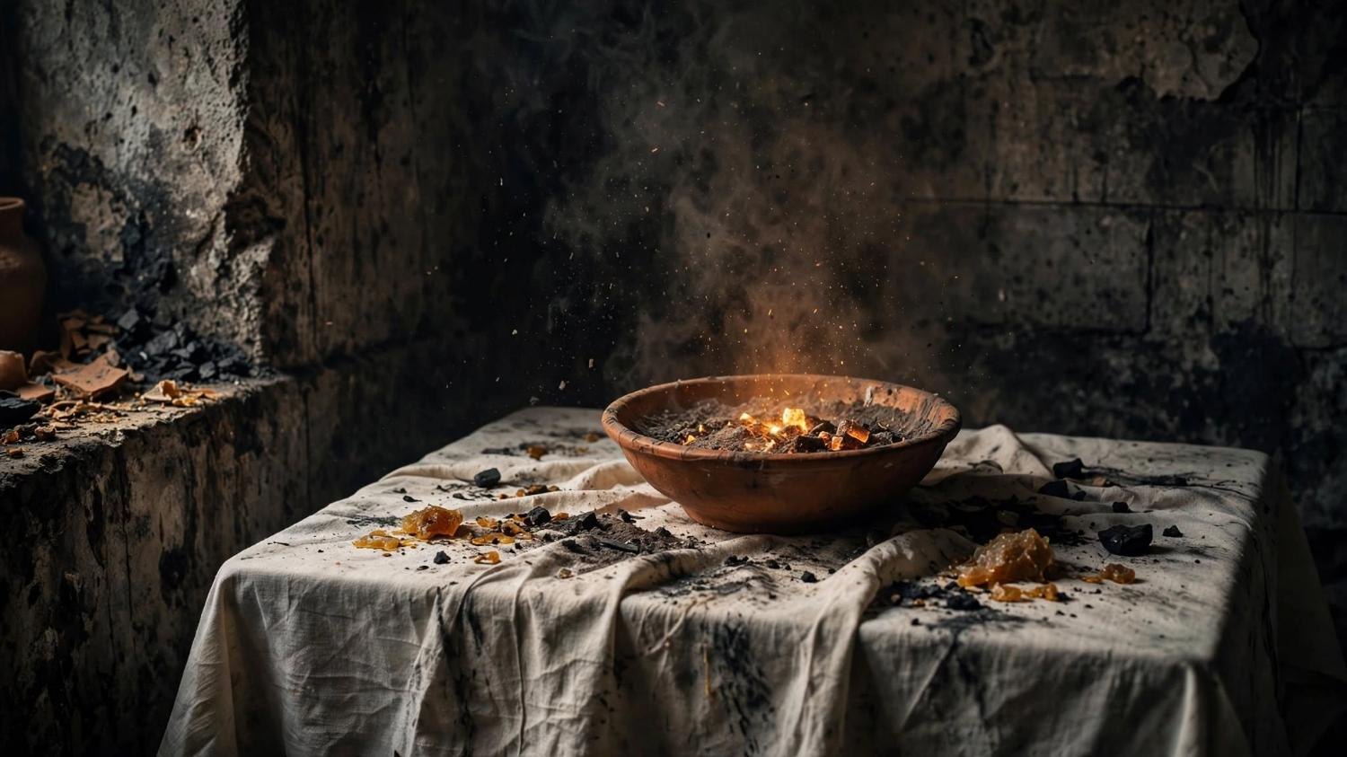 The bowl holds embers. Resin lights. Sparks go up a black wall.