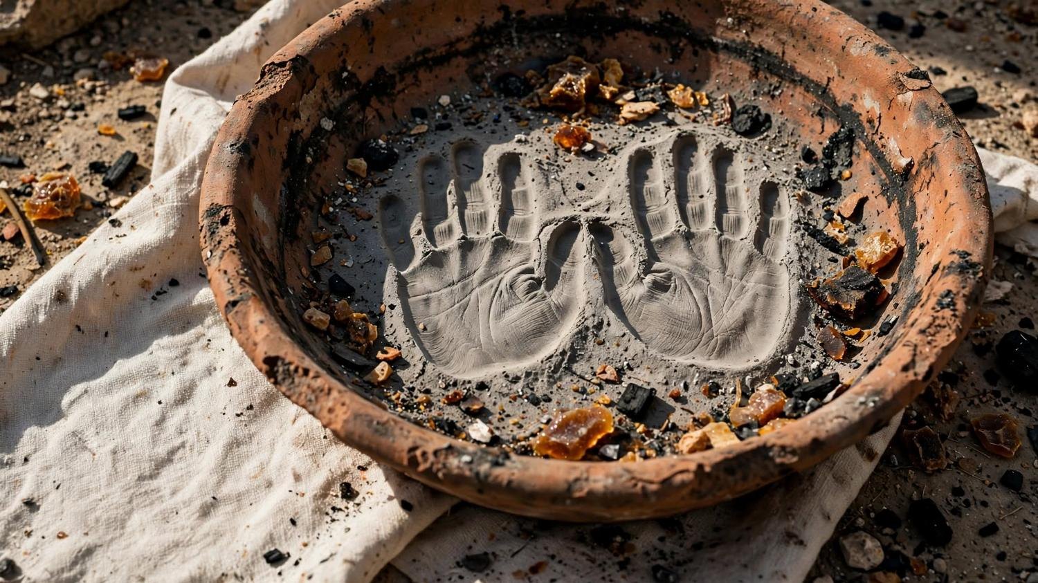 Two handprints pressed into the dust of the bowl. No hands in the frame.