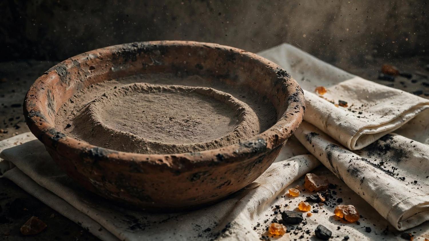 A terracotta bowl of smoothed dust on soot-stained linen, resin and charcoal beside it.