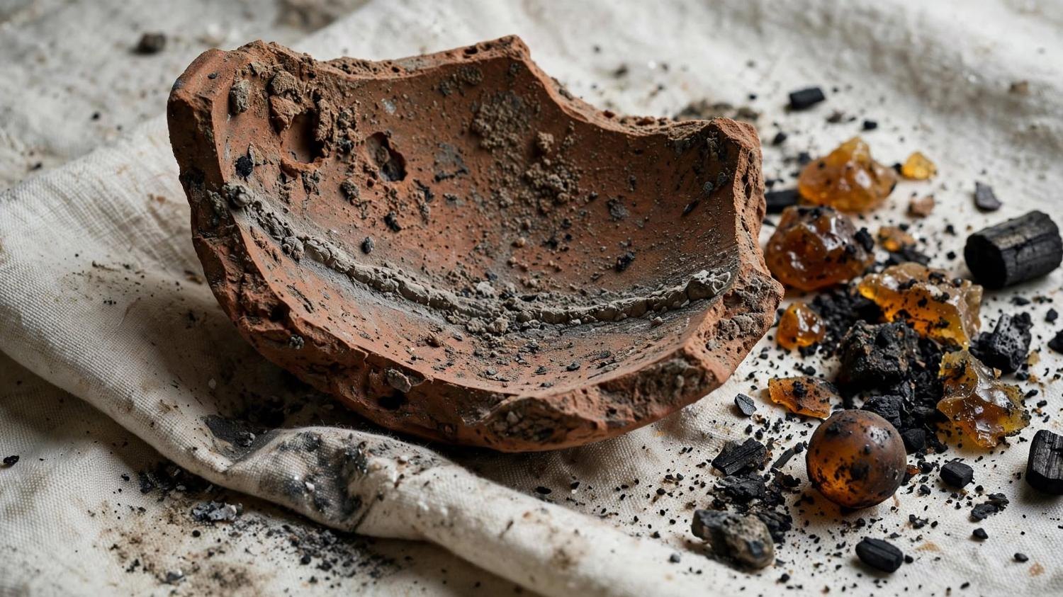 The bowl broken. Dust still in the curve, resin and charcoal spilled on the linen.