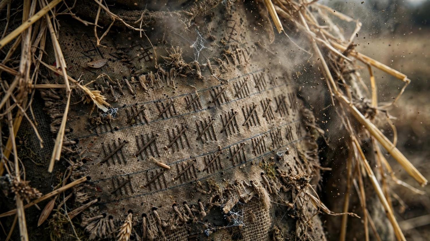 Burlap and stitch, a year recorded as tally marks on the coat.
