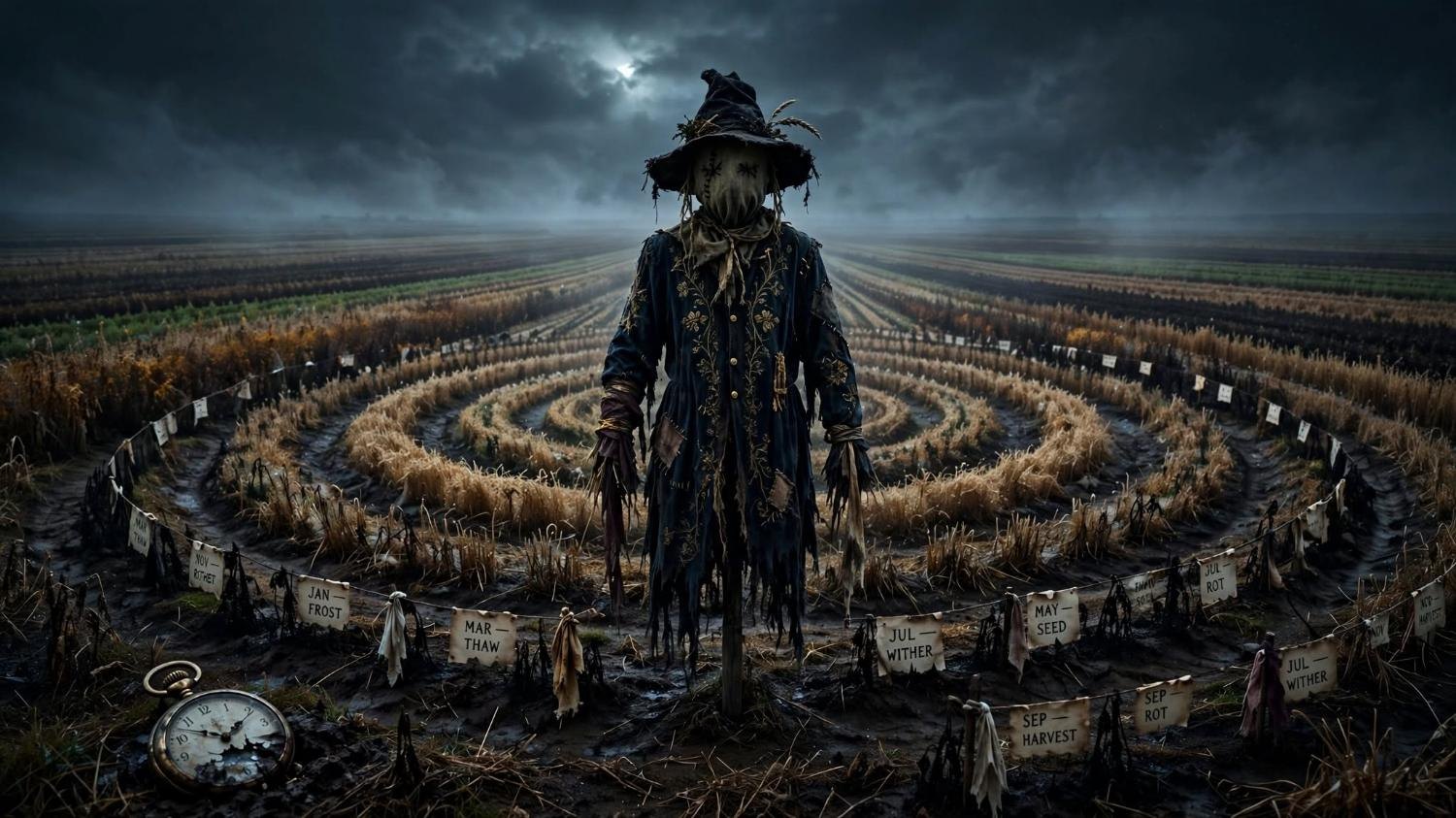 A scarecrow at the center of a spiral field, the months tied to a wire.
