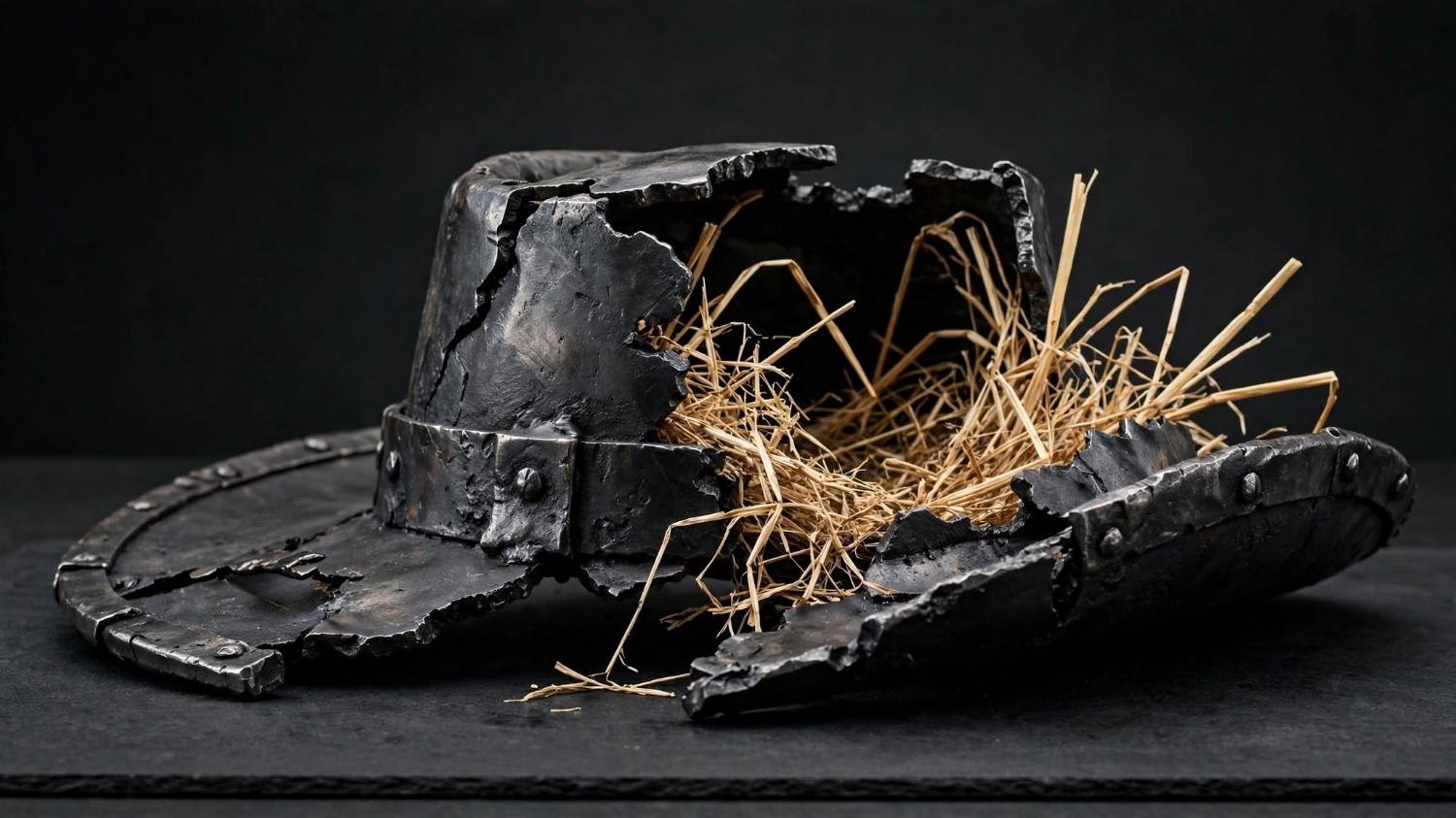 A broken blackened-steel hat, straw still inside it.