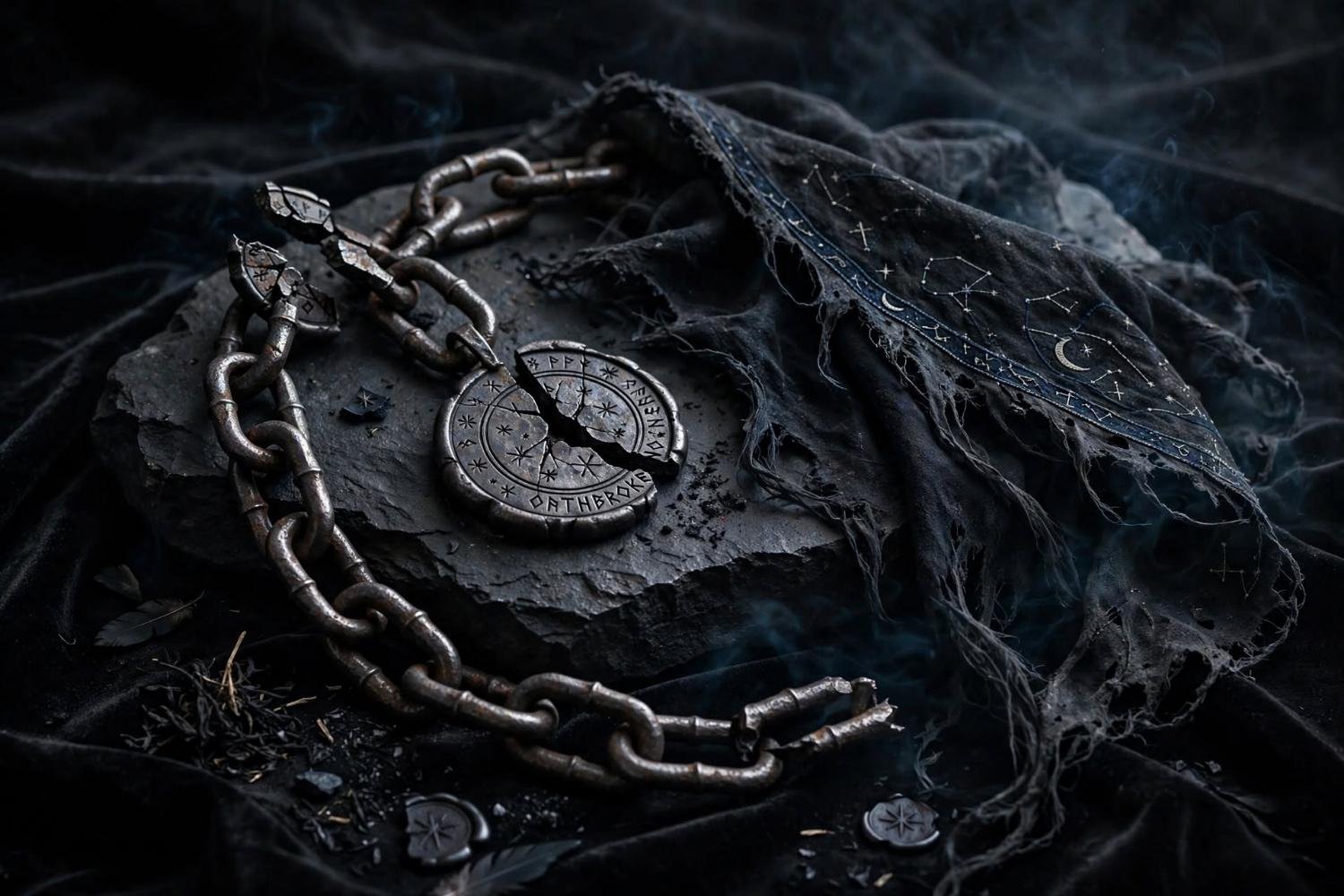 A broken oath chain and a split medallion