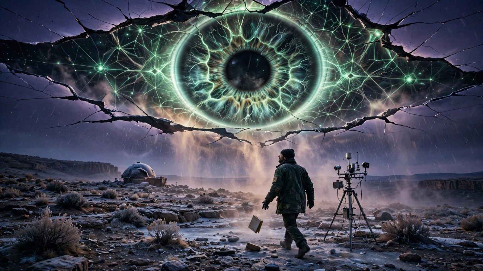 A figure and a tripod under the tear, not raising a hand to measure it.