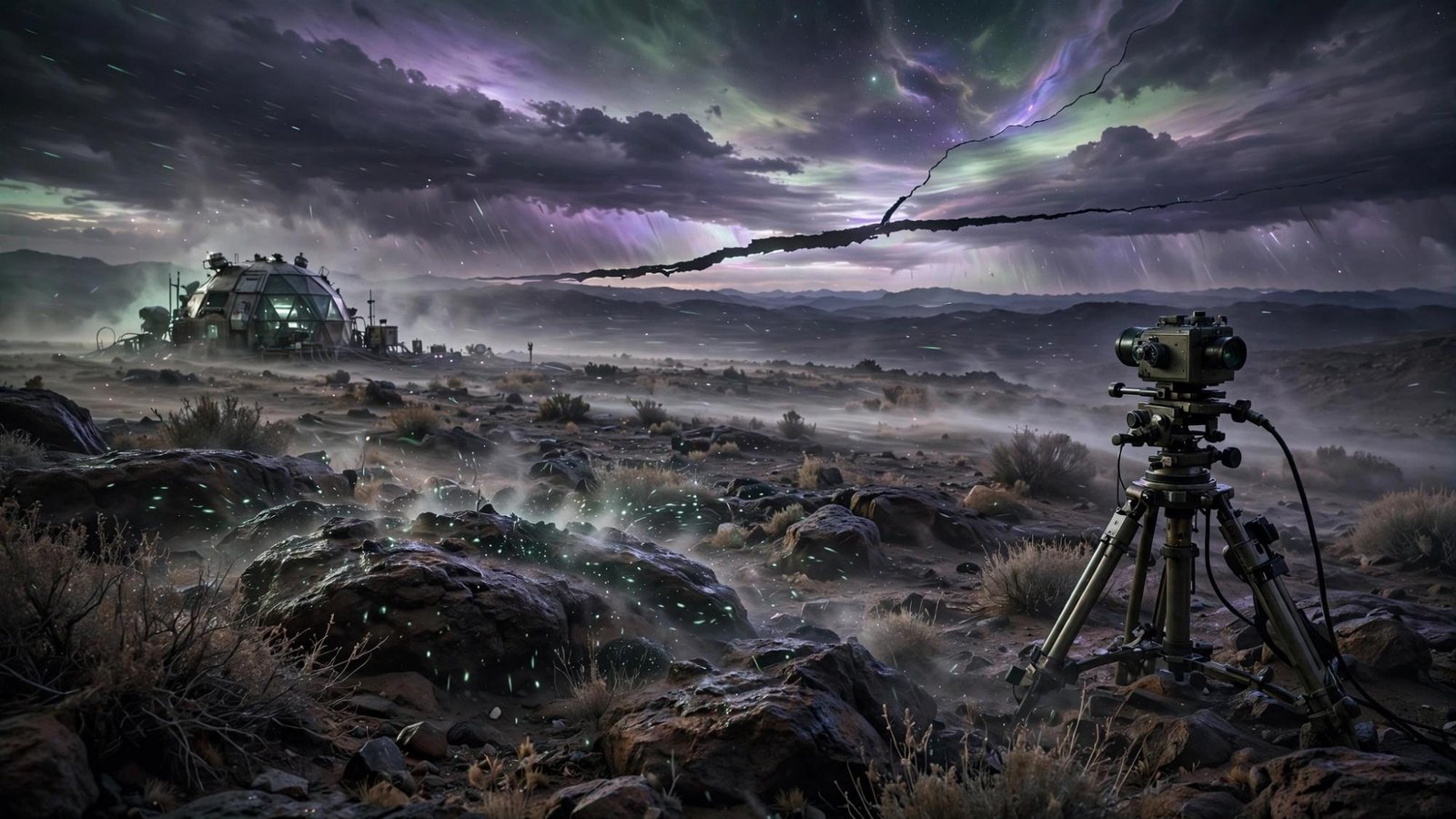 A tripod on the ridge. The tear is still open. No one is at the eyepiece.