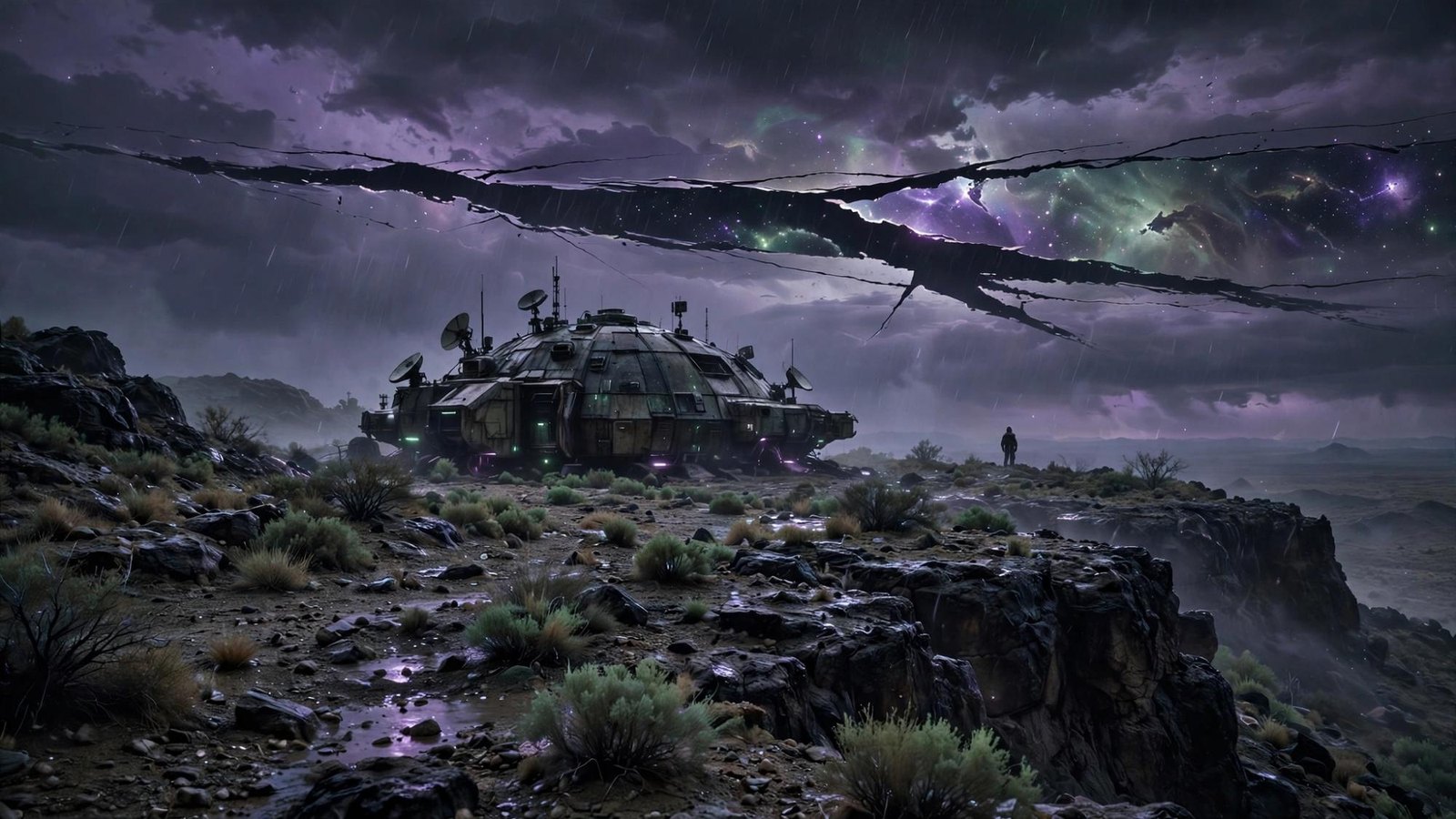 Two figures and a low dome under the torn sky. The count has not begun.