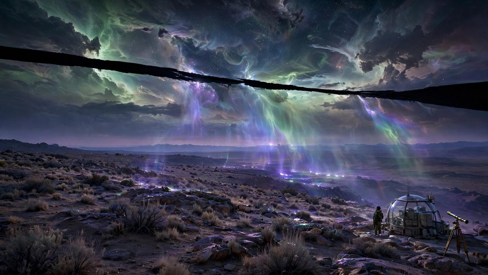 A tripod on a ridge under a sky that has torn. Violet on one side, a green fracture on the other.