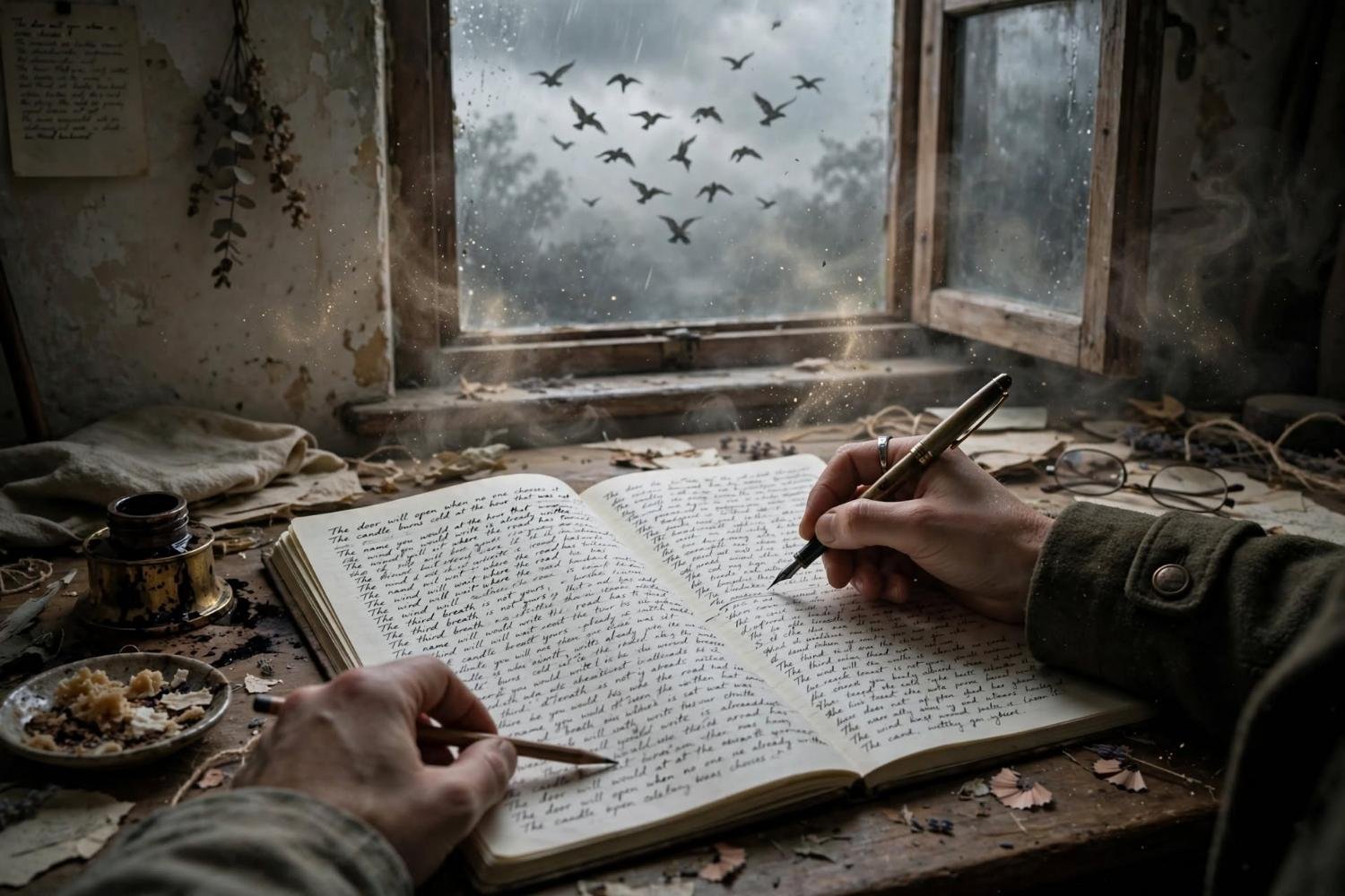 A hand still writing in a journal that is already full, birds at the window