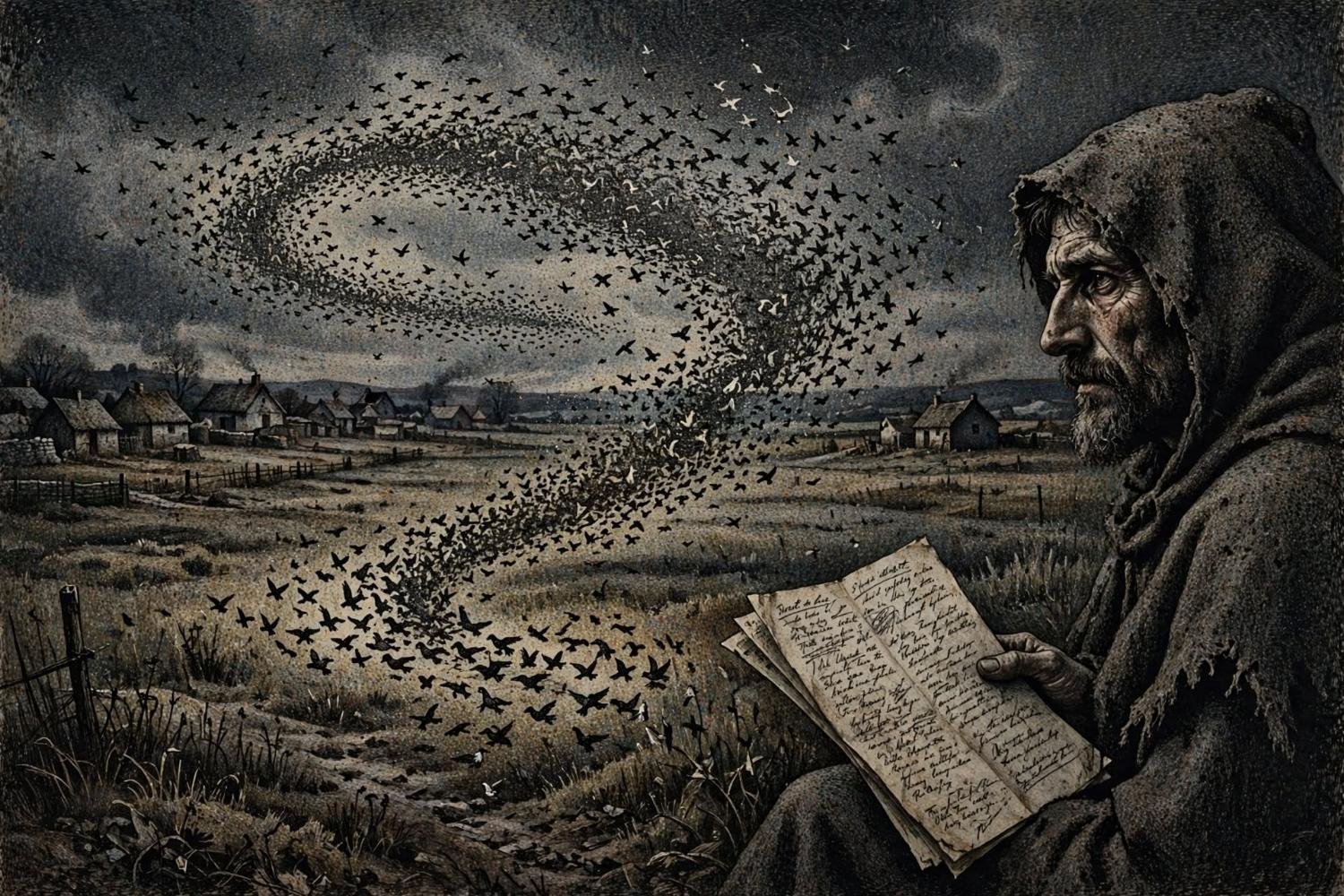 The witness at the field's edge, pages in hand, birds turning over the roofs