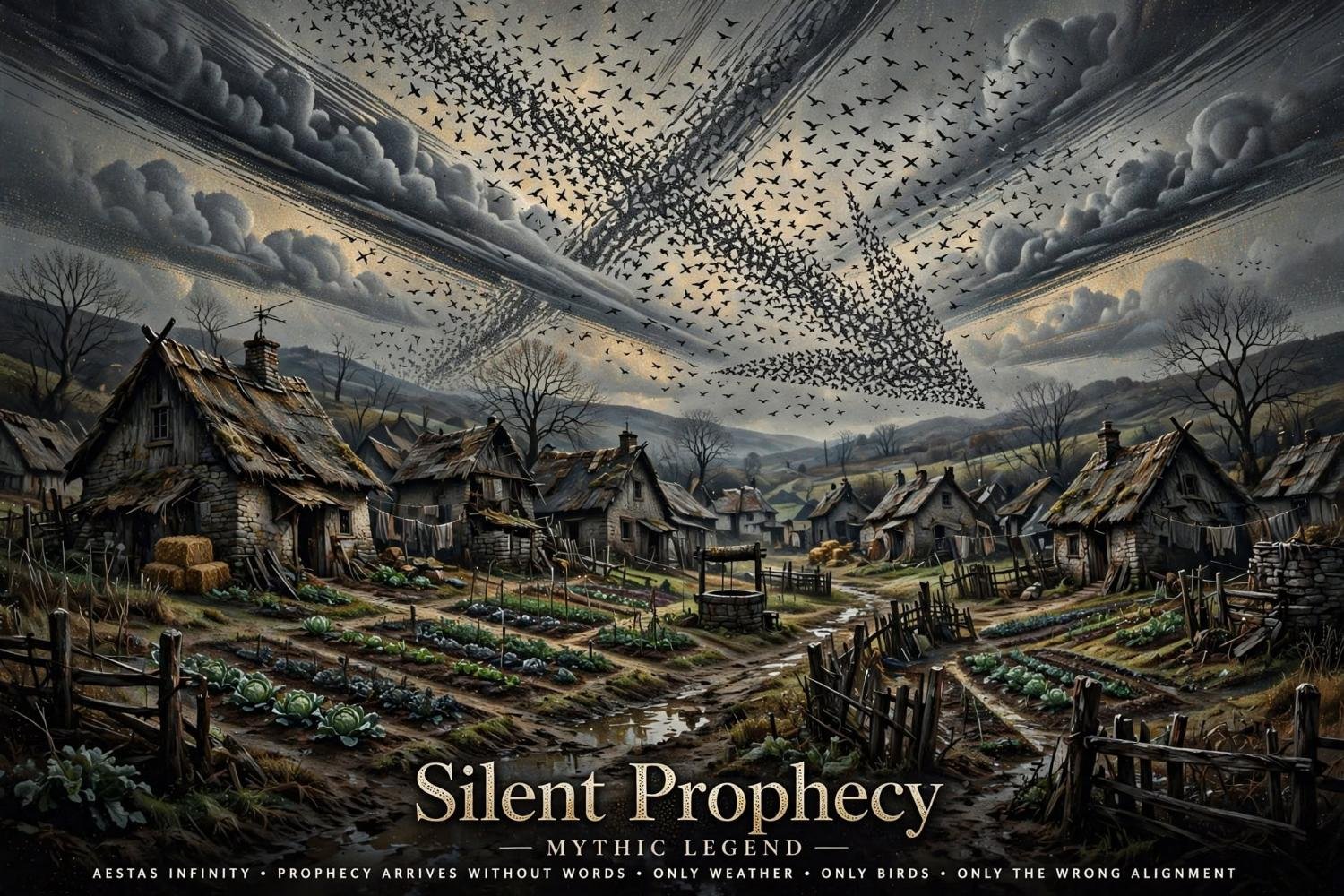 A village under a sky of birds that have taken the shape of an arrow