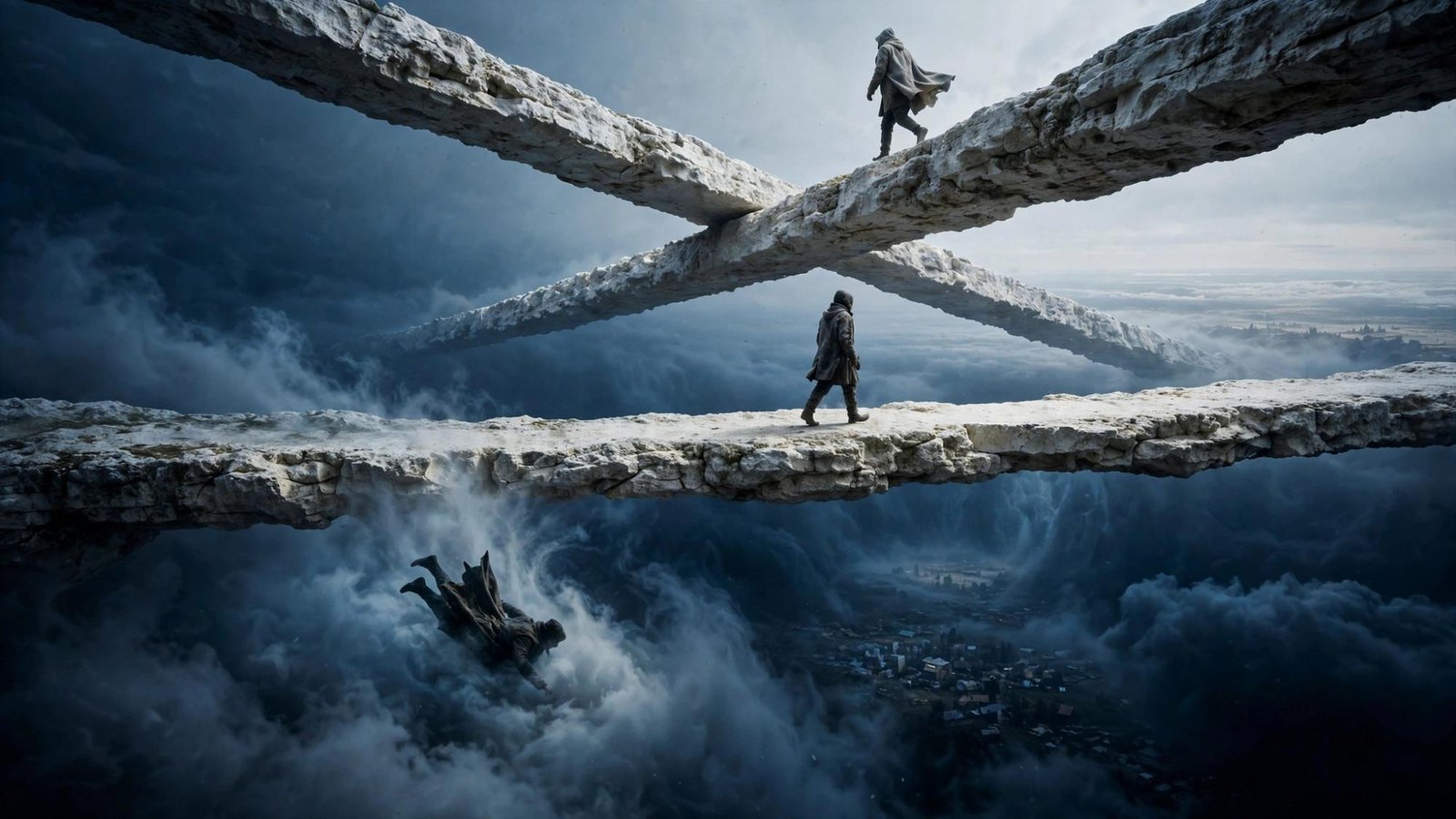 Three walkers on separate spans of stone above a floor of cloud.