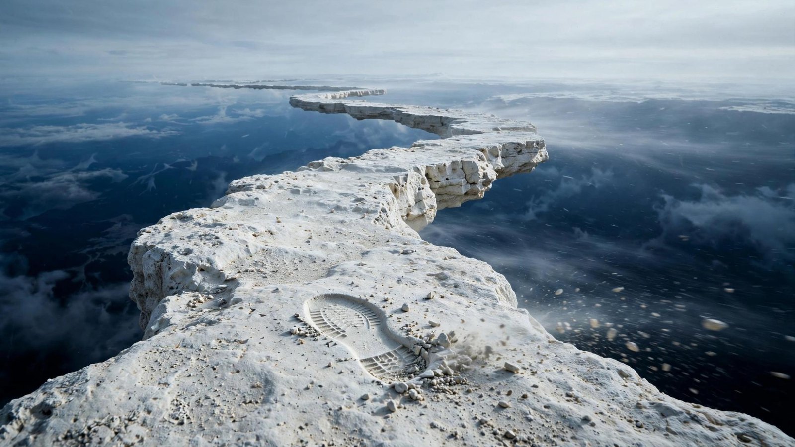 A line of footprints along a white cliff path, cloud filling the drop.