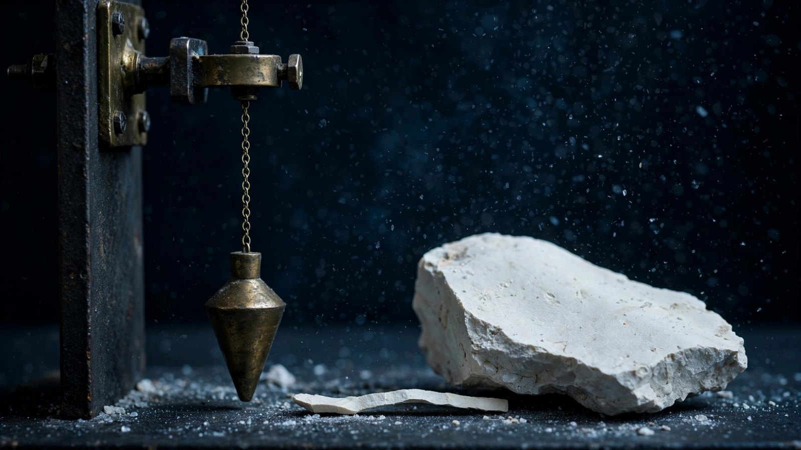Two hands holding a plumb line over the edge of a high stone path.