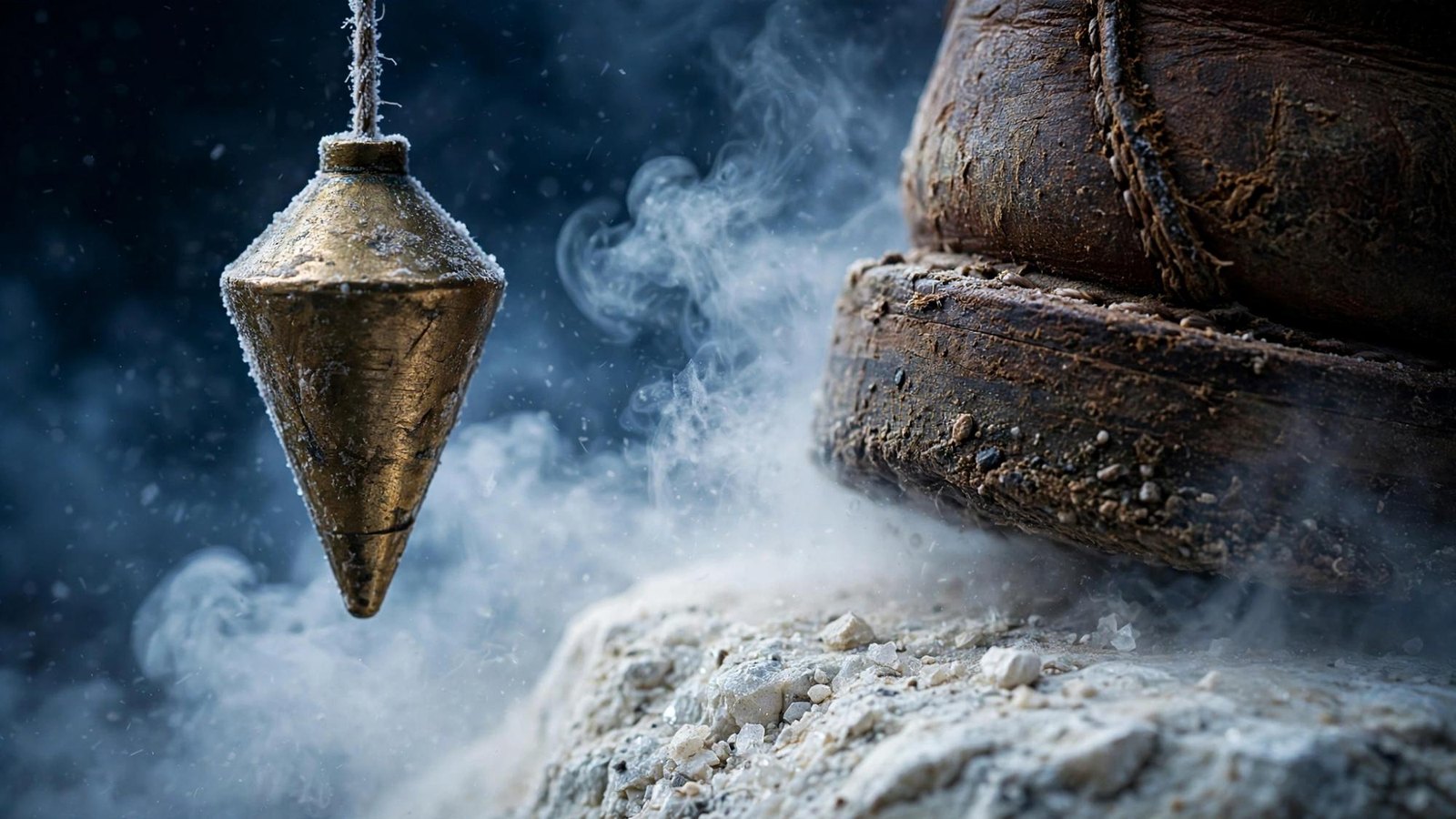 A brass plumb bob standing beside a worn leather boot on pale stone.