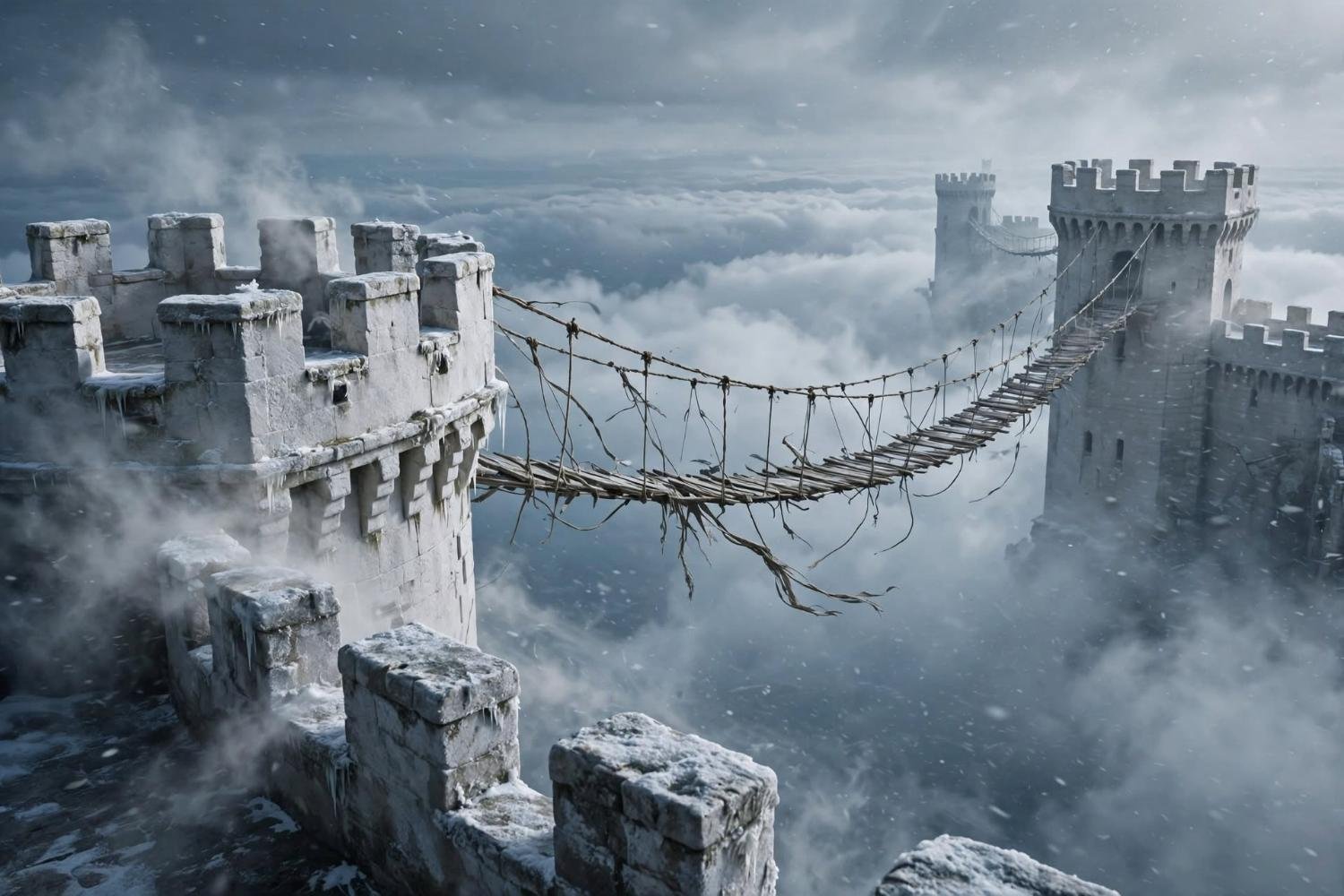 A rope bridge failing between two towers, nothing under it but cloud