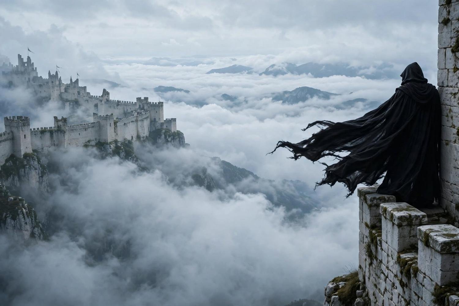 A hooded figure at the parapet, cloak in the wind, the fort behind